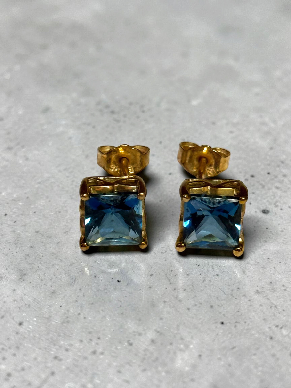 London Blue Topaz Princess Cut 9k Gold Stud Earrings