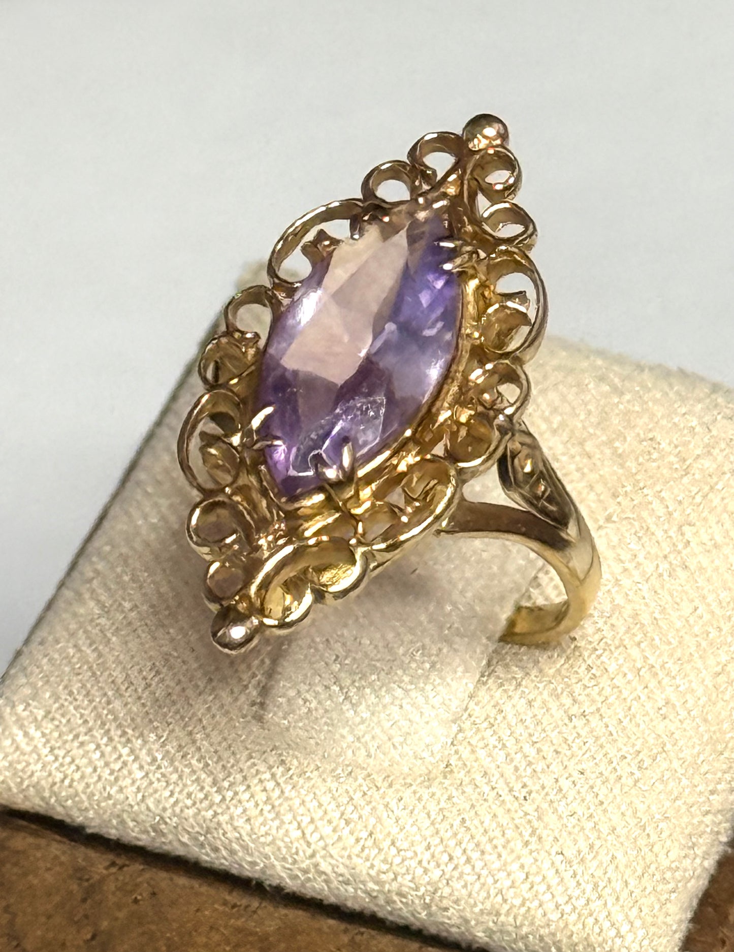 Fancy Vintage Marquis Amethyst 9k Cocktail Gold Ring