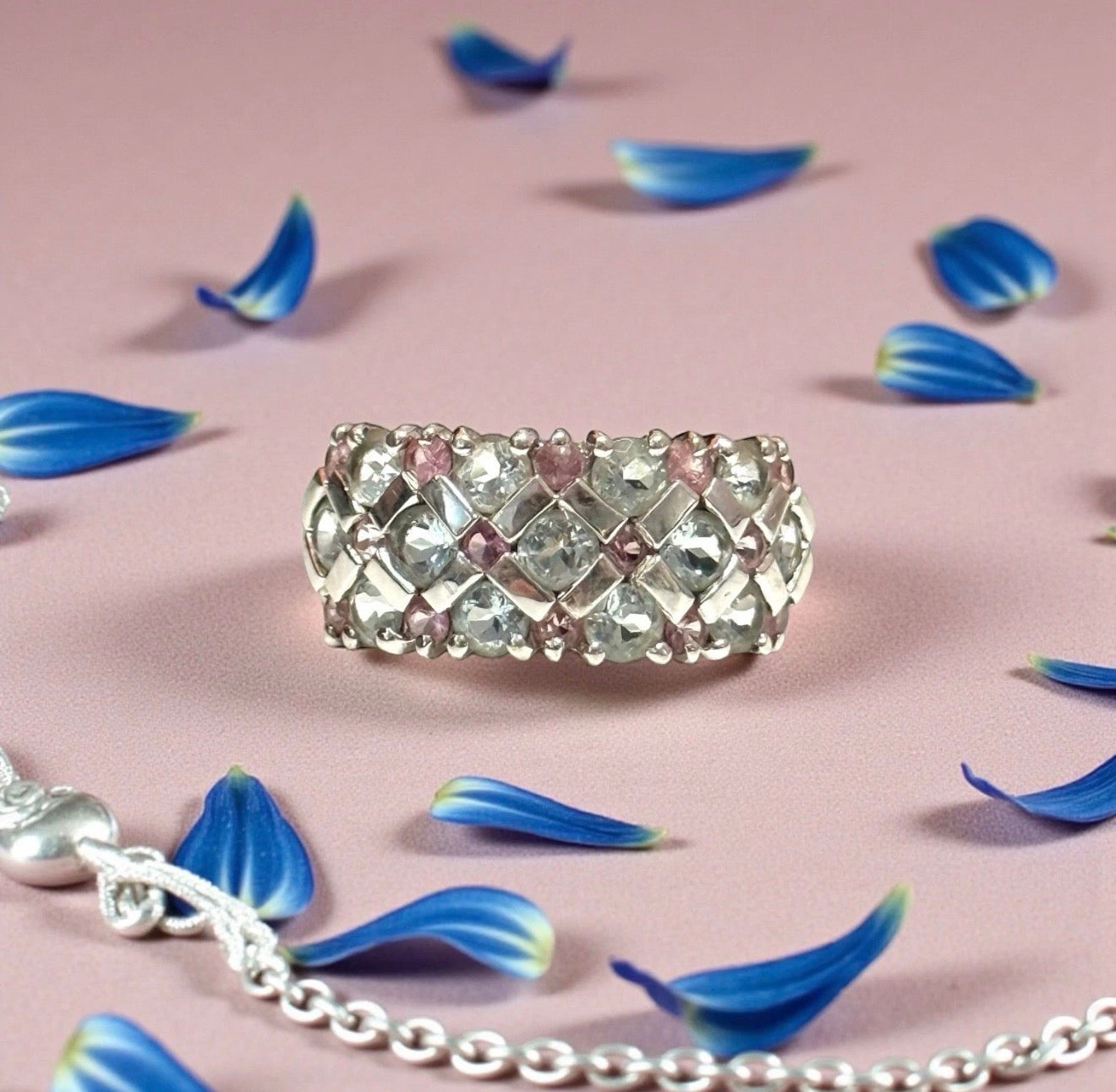 Vintage Aquamarine & Pink Sapphire White Gold Ring Size K