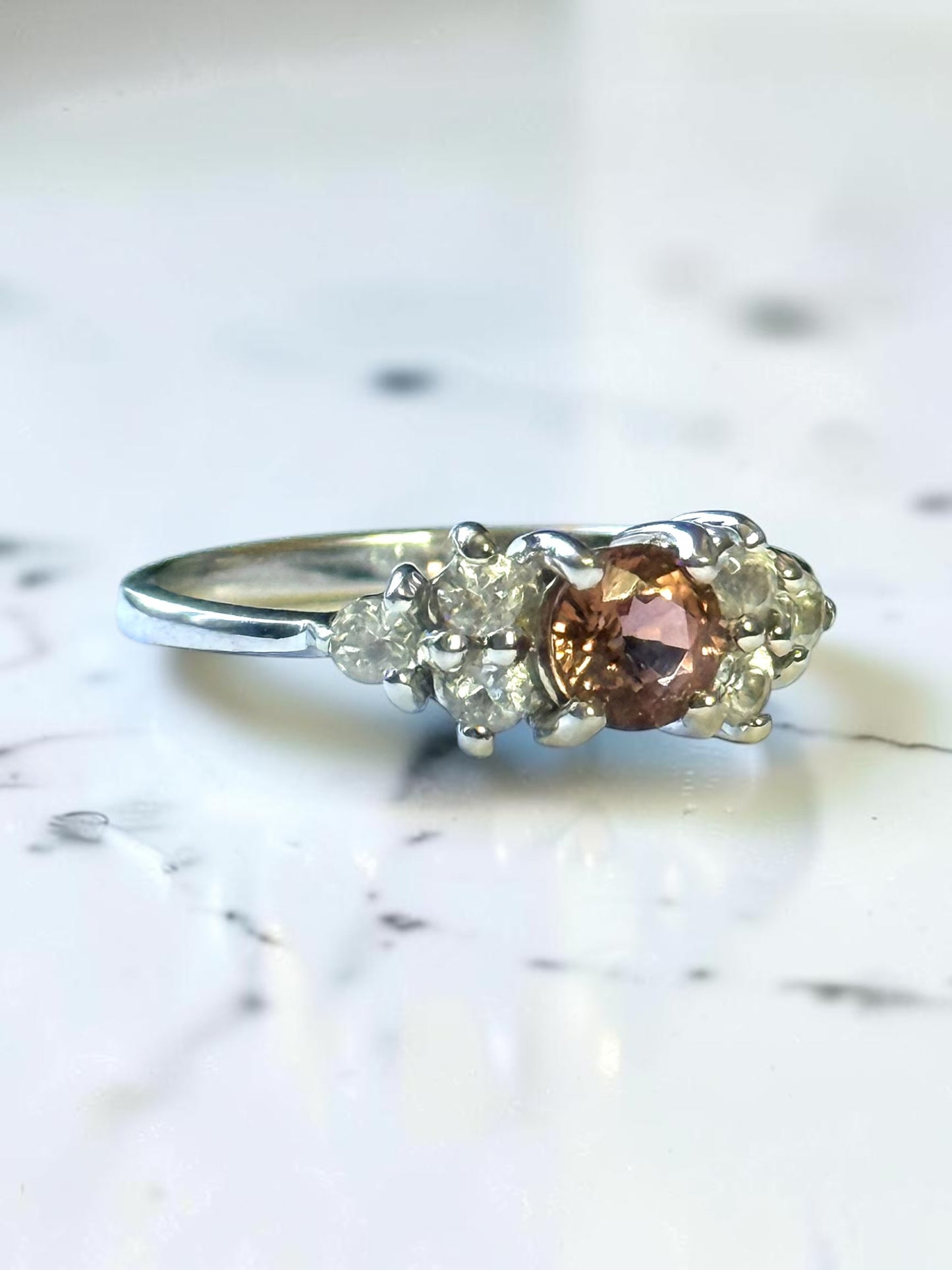 Vintage Hallmarked Pink Tourmaline And White Topaz White Gold 9k Ring