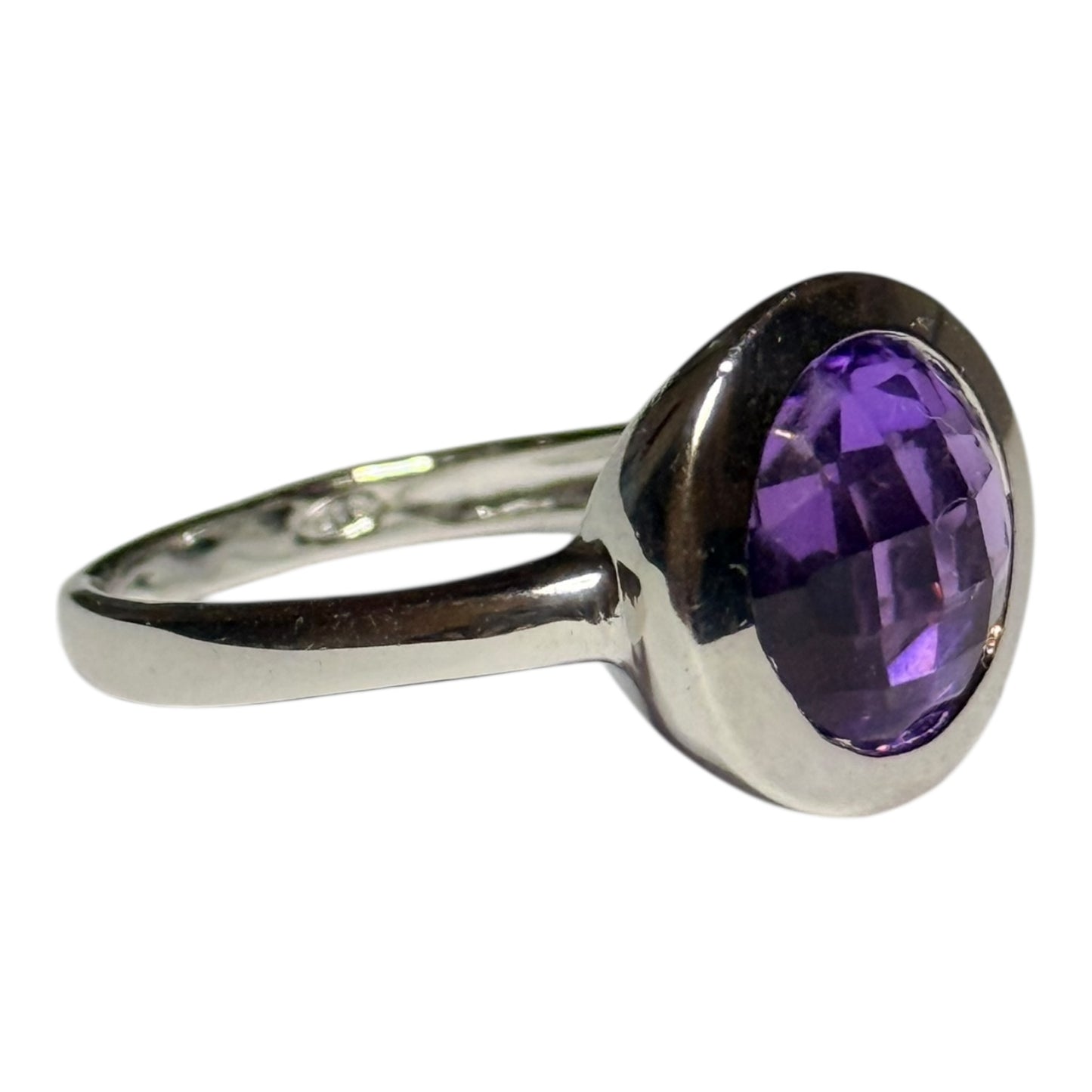 Amethyst Checkerboard Cut New Silver Ring Size P