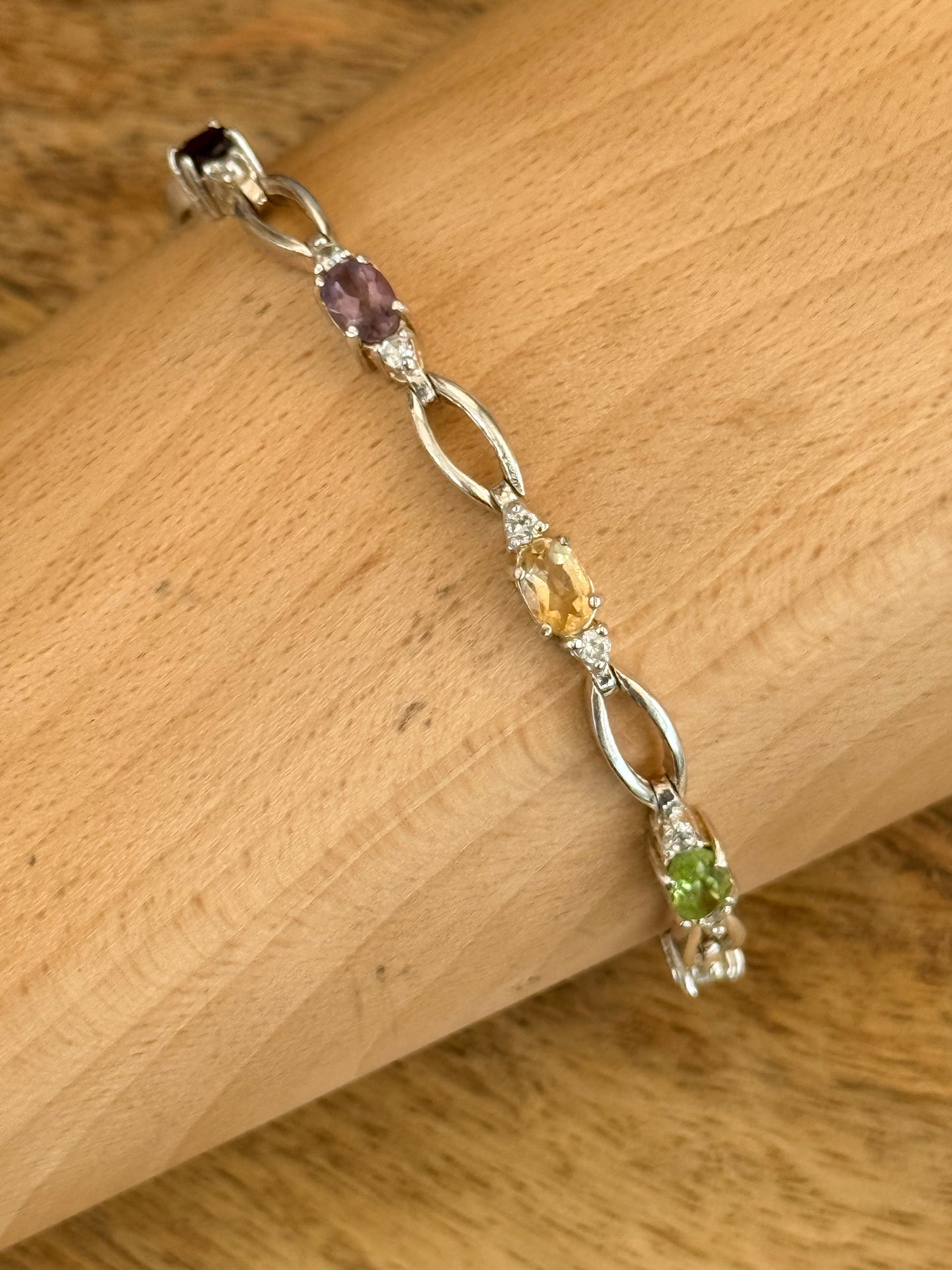 Pretty 925 Silver Multi Gem Citrine, Amethyst etc Bracelet Size 7"