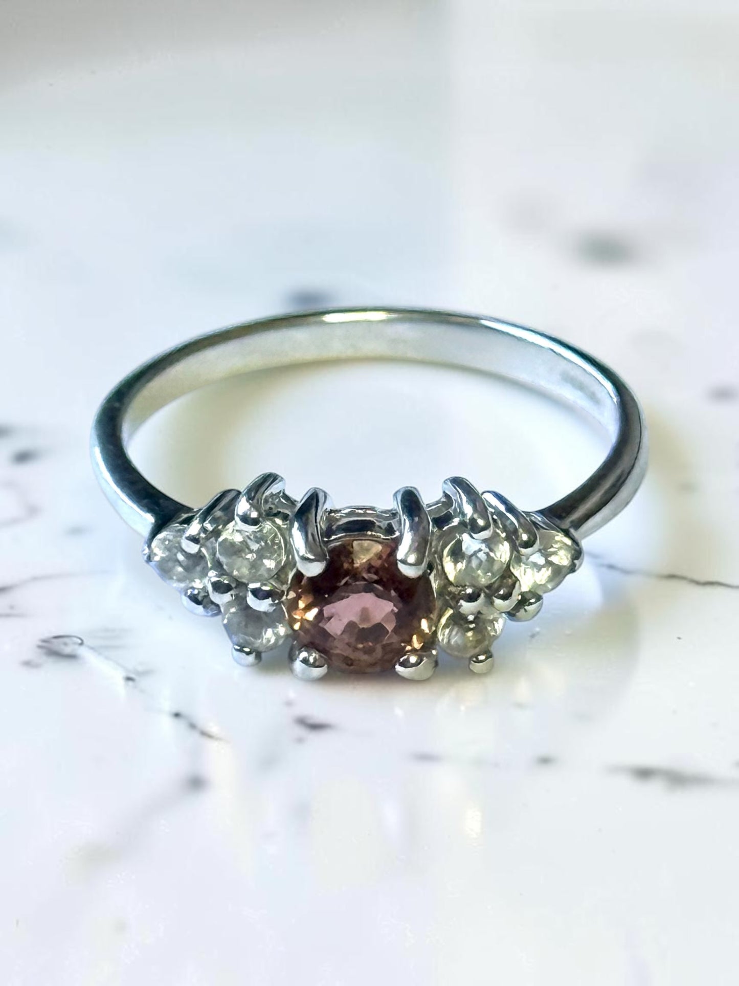 Vintage Hallmarked Pink Tourmaline And White Topaz White Gold 9k Ring