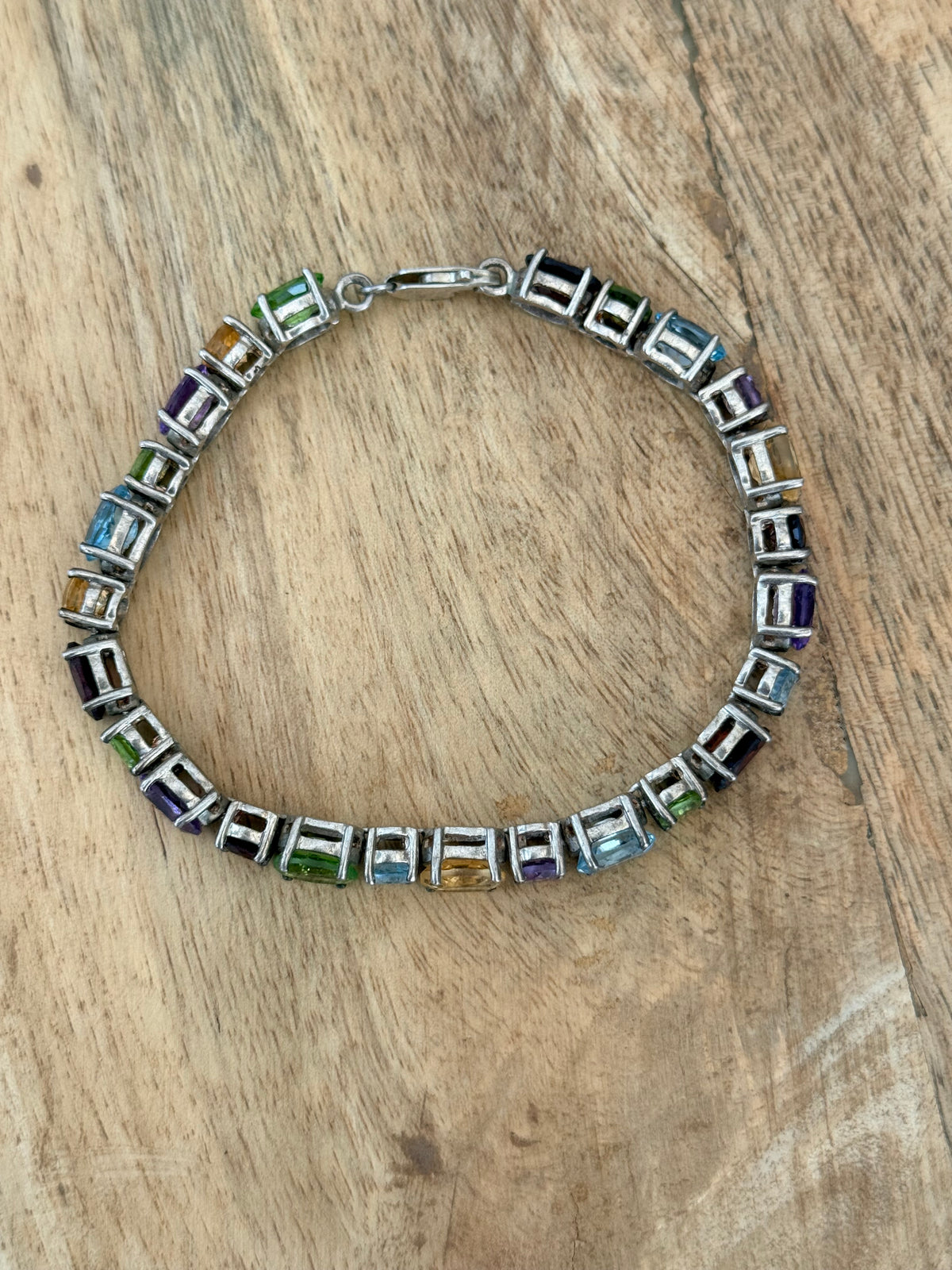 Colourful 21ct Multi Gem Oval & Round Cut 925 Silver Bracelet 7 1/2"