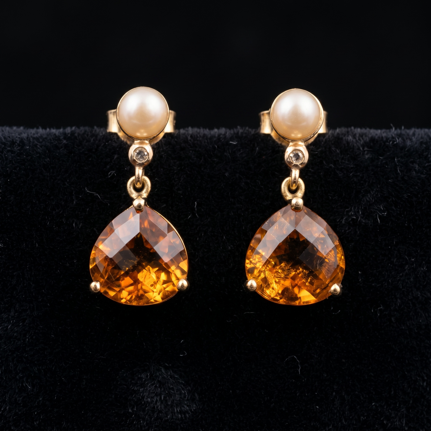Stunning 9k Gold Cognac Citrine & Pearl Drop Earrings