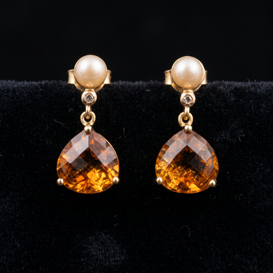 Stunning 9k Gold Cognac Citrine & Pearl Drop Earrings