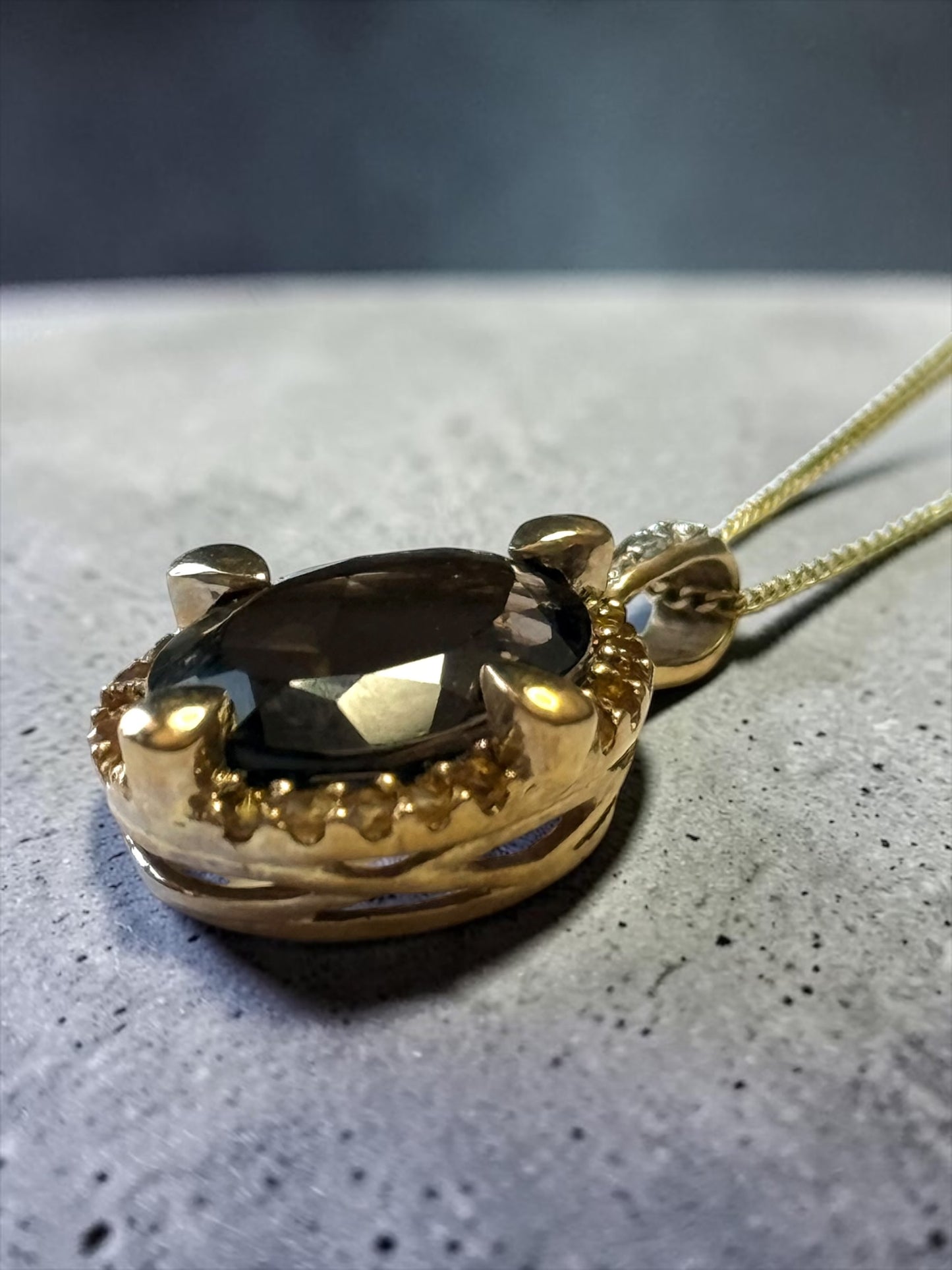 mpressive 5ct Smokey Quartz, Citrine & Diamond 9K Pendant and Chain
