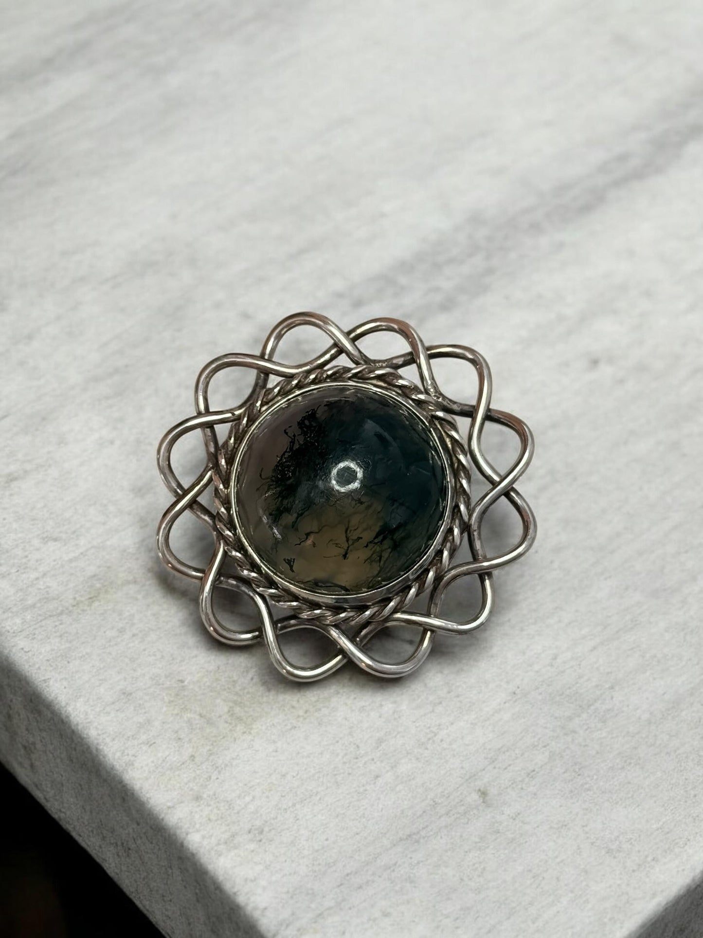 Vintage Glen Kelso Frame Moss Agate Brooch Edinburgh 1967 Hallmarked 925 Silver