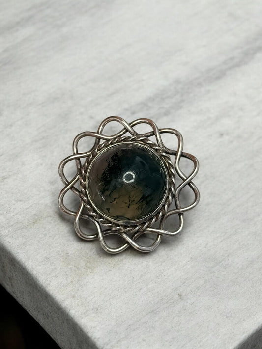 Vintage Glen Kelso Frame Moss Agate Brooch Edinburgh 1967 Hallmarked 925 Silver