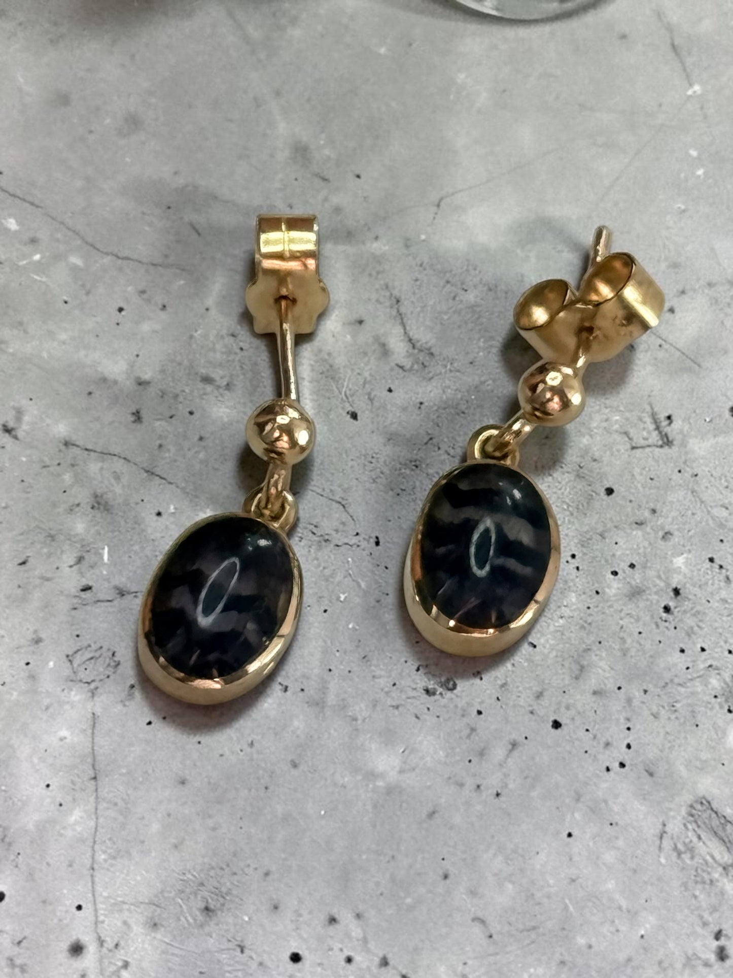 Pretty Vintage Blue John 9K Gold Dangle Earrings Hallmarked