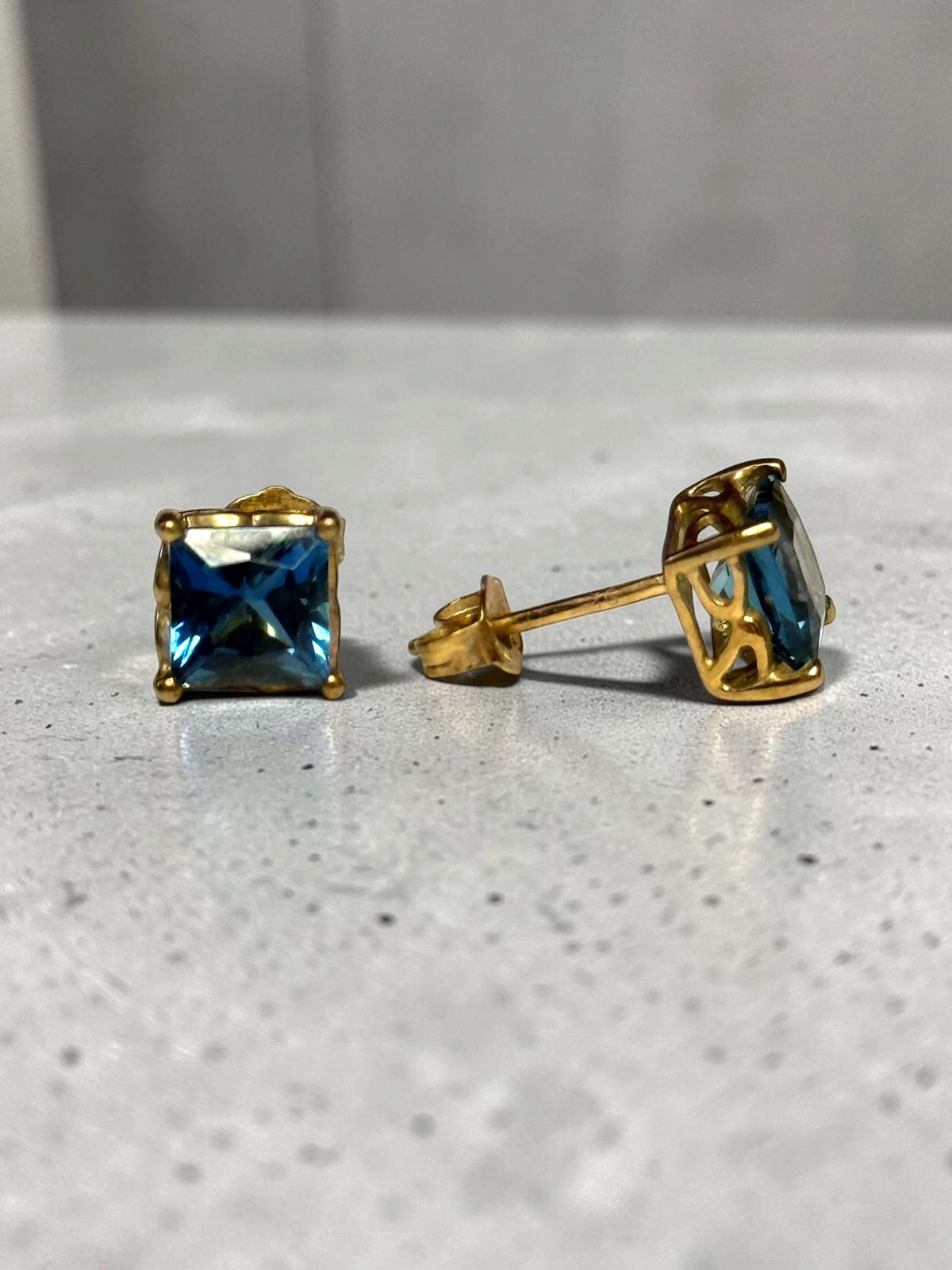 London Blue Topaz Princess Cut 9k Gold Stud Earrings