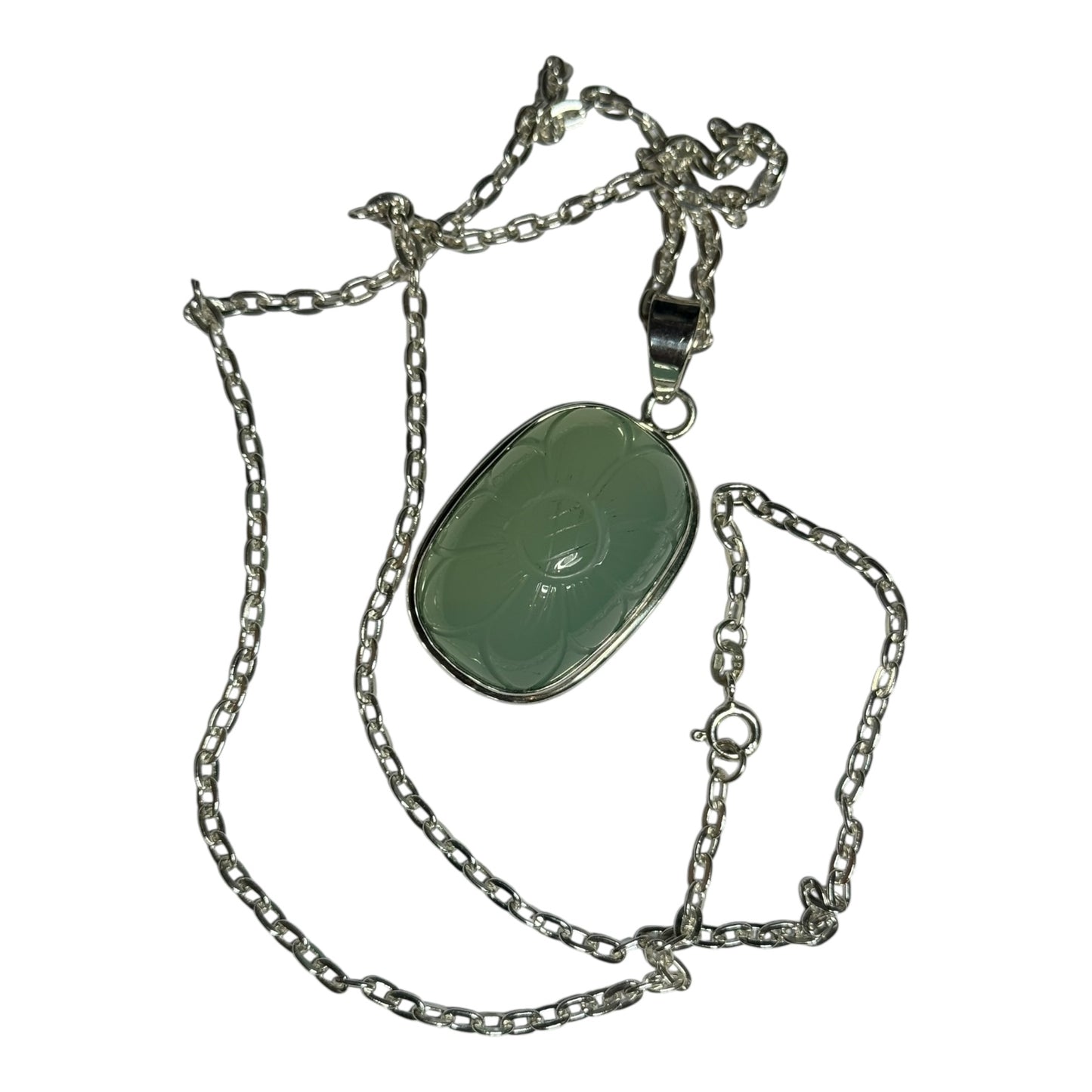 Retro Style Carved 66 Carat Nephrite Silver Pendant & Chain