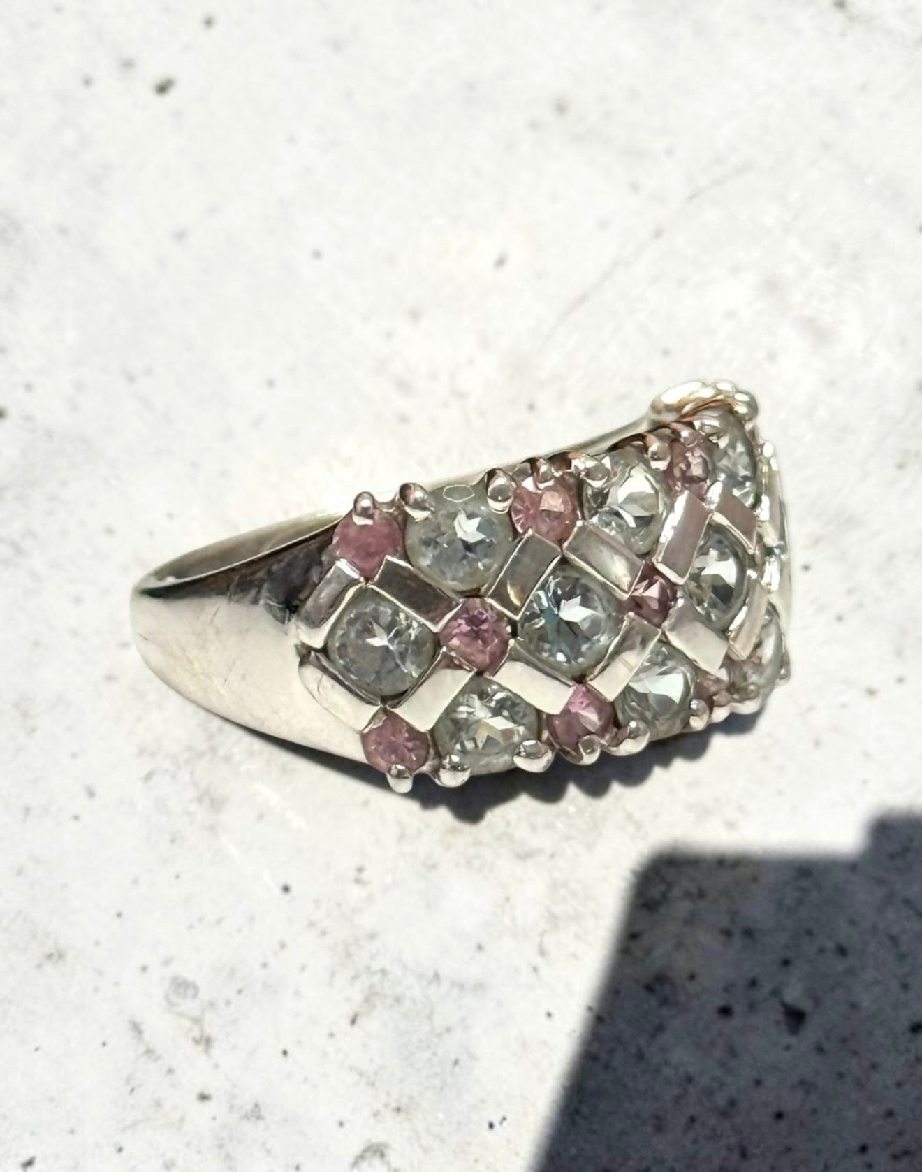 Vintage Aquamarine & Pink Sapphire White Gold Ring Size K