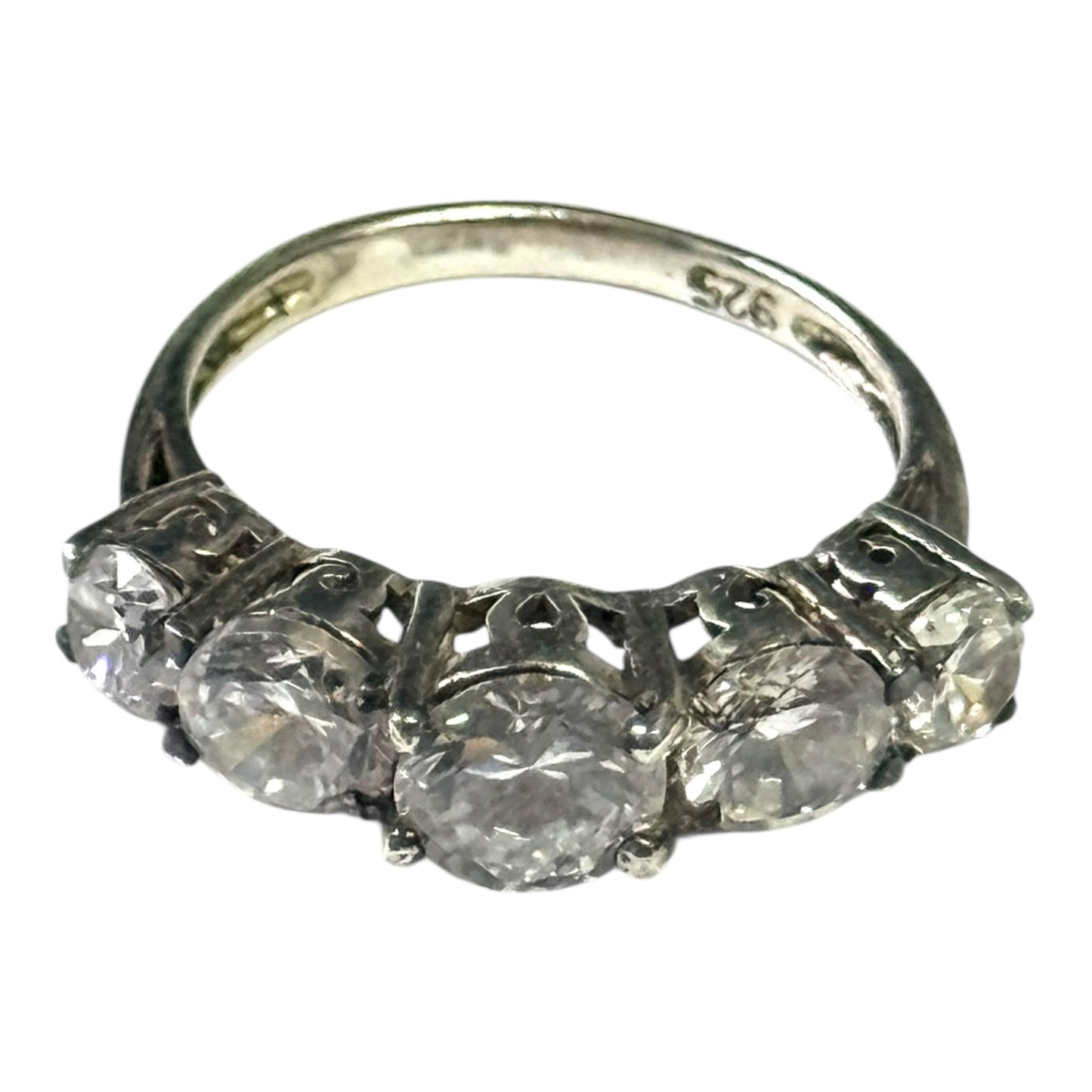 Vintage Preloved Five Stone CZ Graduated Gem Silver Ring Size P