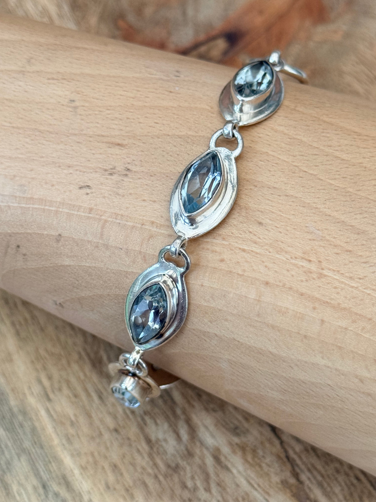 Blue Topaz Marquis Vintage 925 Silver Bracelet Adjustable 6 1/2" - 8" Hallmarked