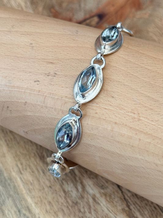 Blue Topaz Marquis Vintage 925 Silver Bracelet Adjustable 6 1/2" - 8" Hallmarked