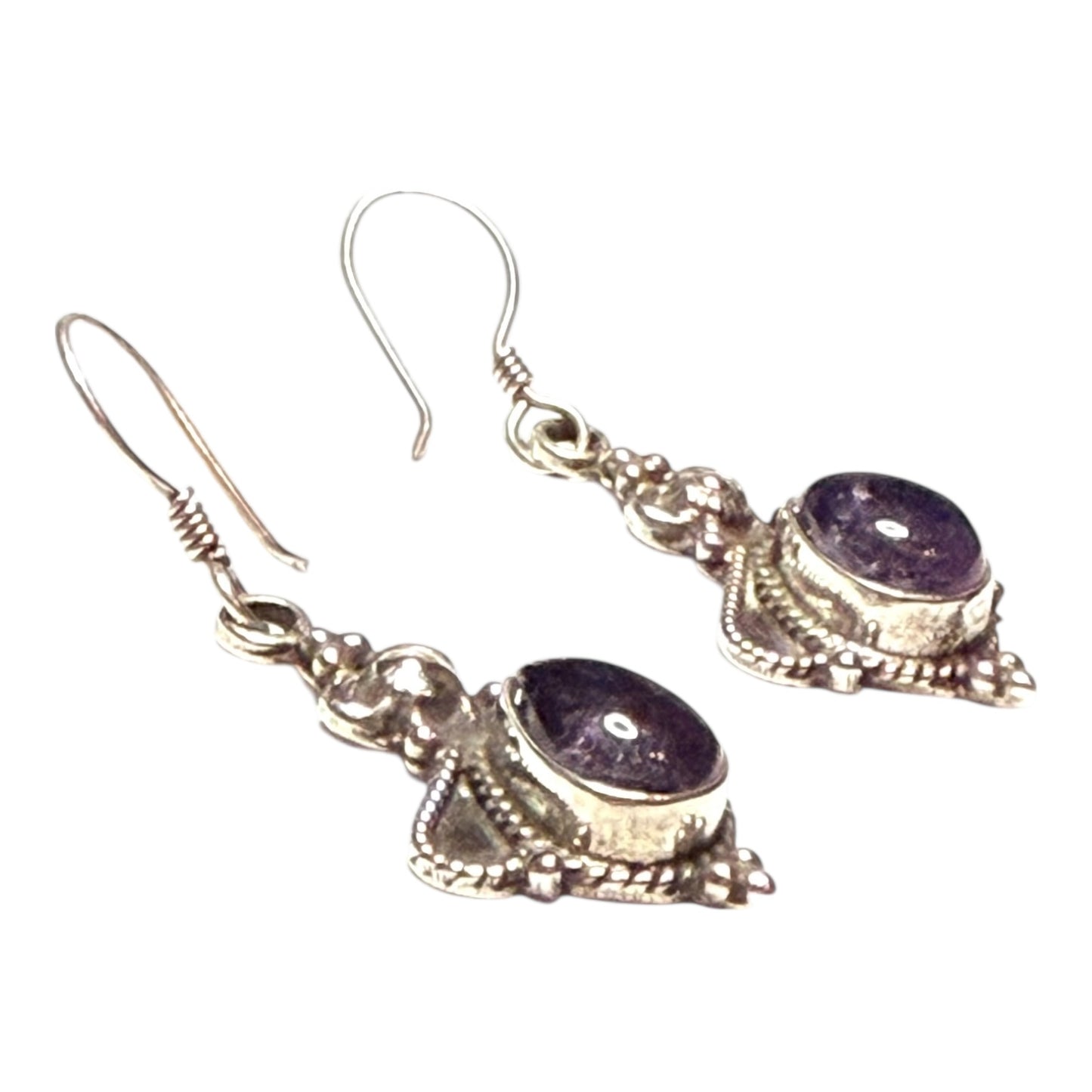 Vintage Amethyst Cabochon Silver Dangle Earrings