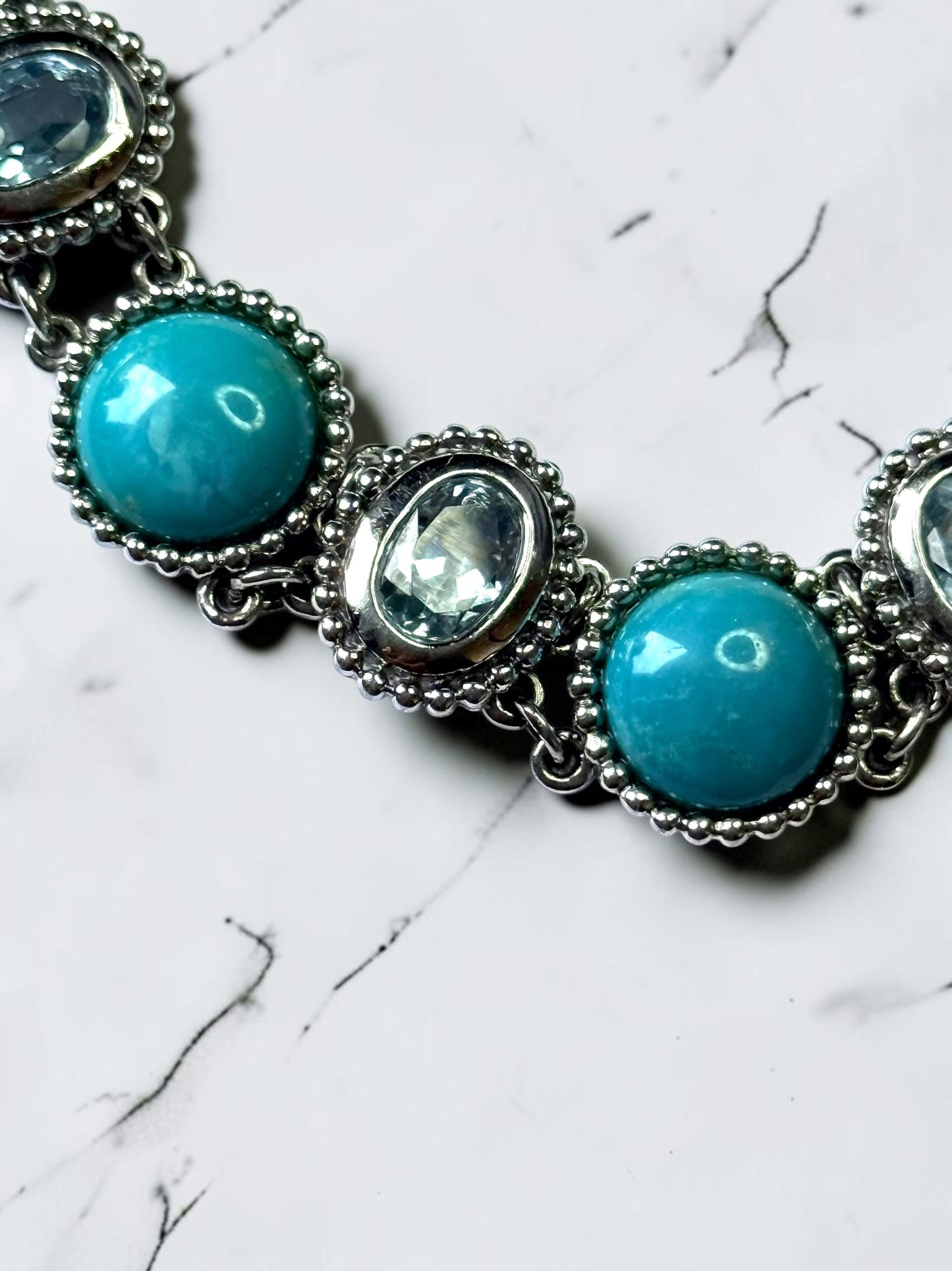 Stunning Hallmarked Vintage Turquoise & Blue Topaz Panel Bracelet Silver 925 7"