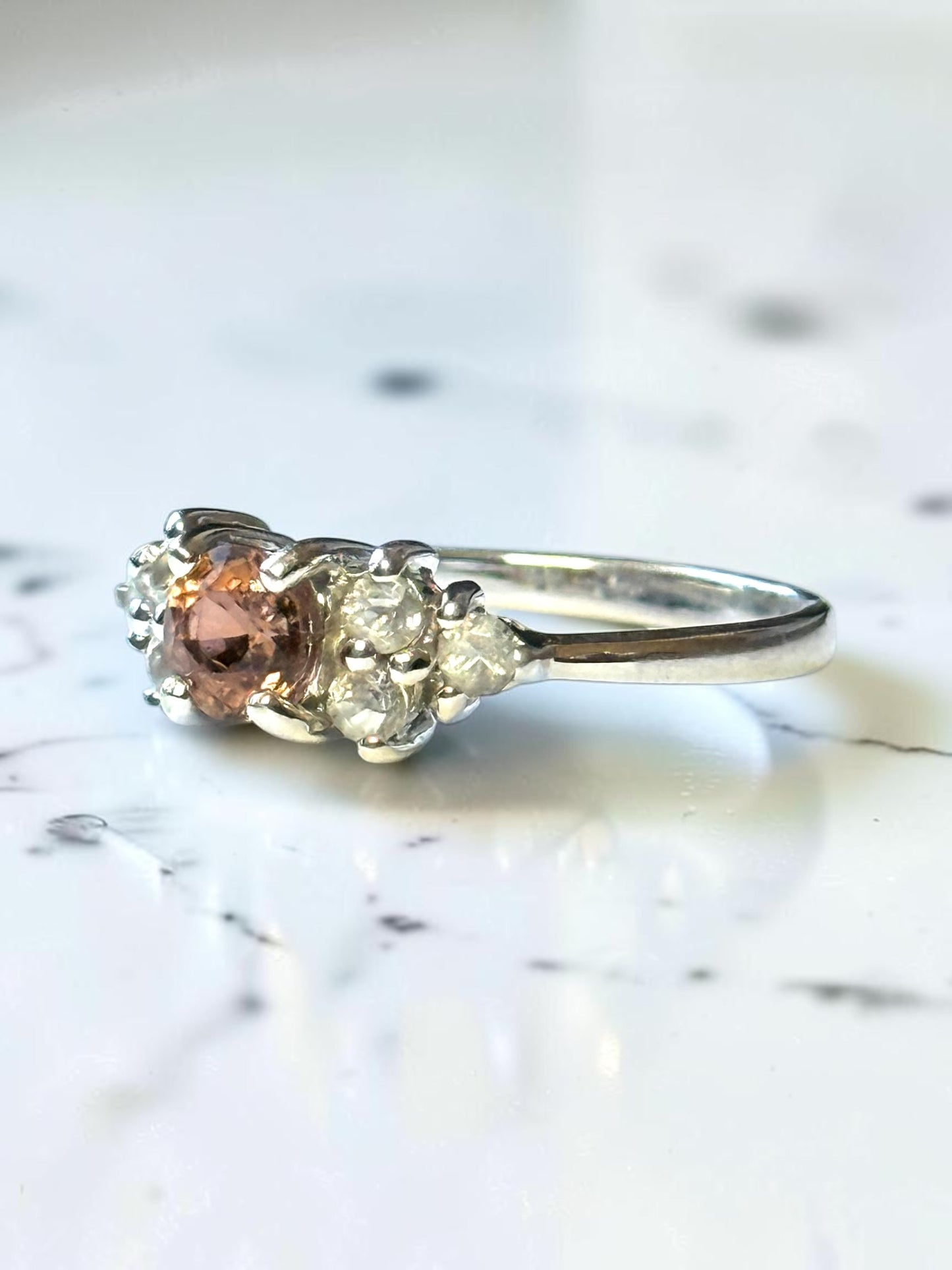 Vintage Hallmarked Pink Tourmaline And White Topaz White Gold 9k Ring