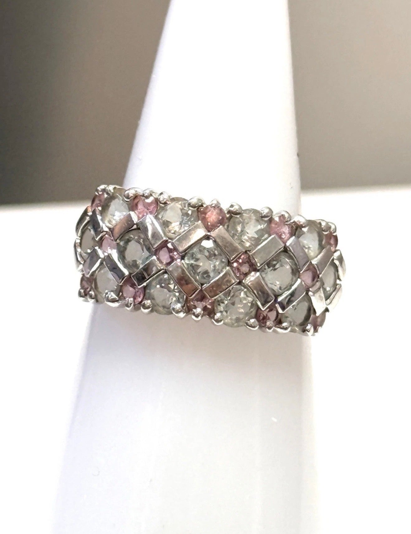 Vintage Aquamarine & Pink Sapphire White Gold Ring Size K