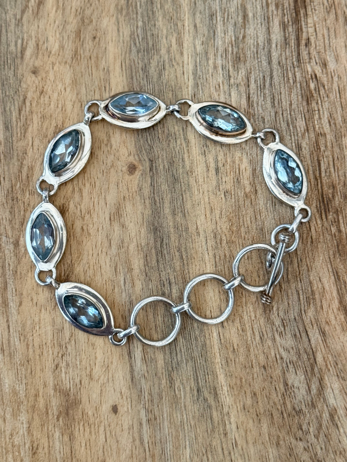Blue Topaz Marquis Vintage 925 Silver Bracelet Adjustable 6 1/2" - 8" Hallmarked