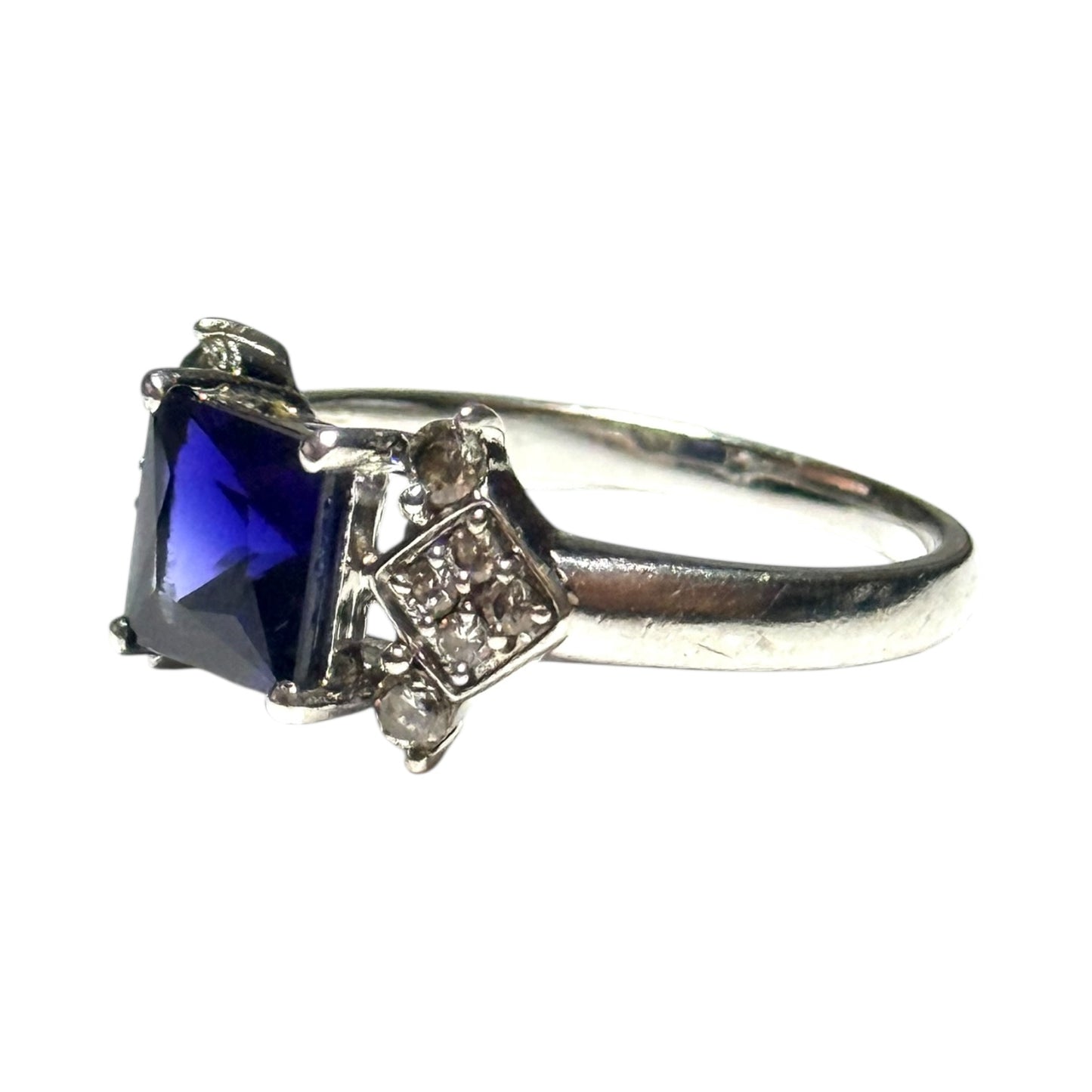 Sapphire & White Stone Silver Ring Size R - CSC