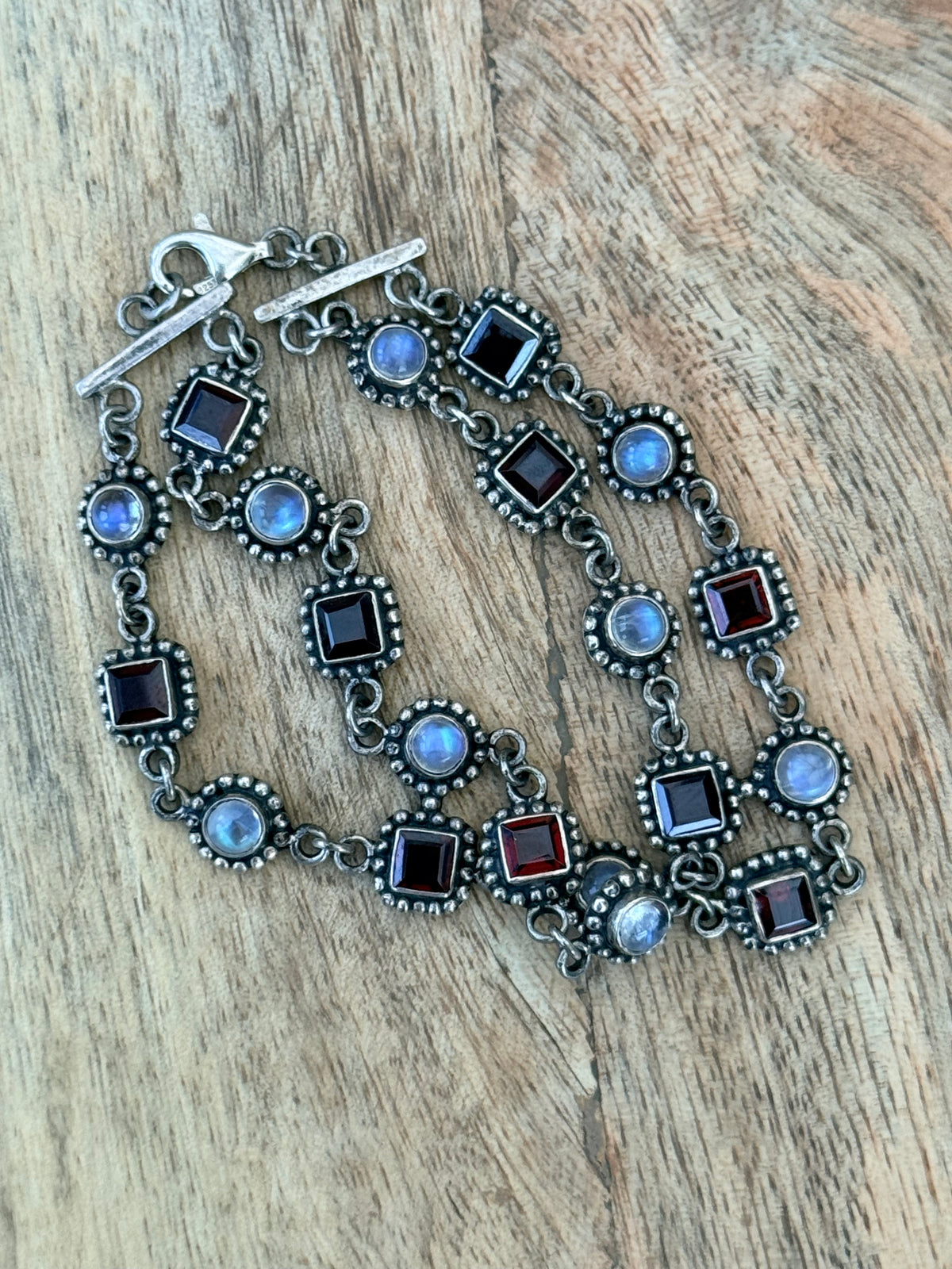 Pretty Double Row Moonstone & Garnet Vintage Bracelet 925 Silver 7 1/2"