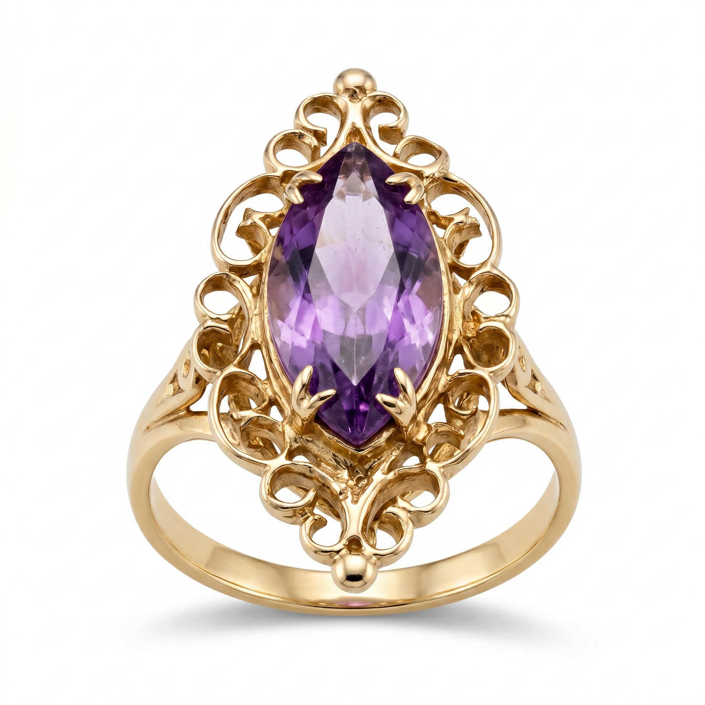 Fancy Vintage Marquis Amethyst 9k Cocktail Gold Ring