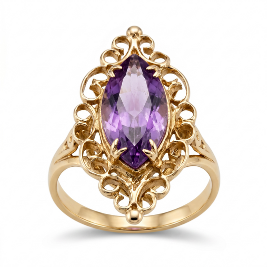 Fancy Vintage Marquis Amethyst 9k Cocktail Gold Ring