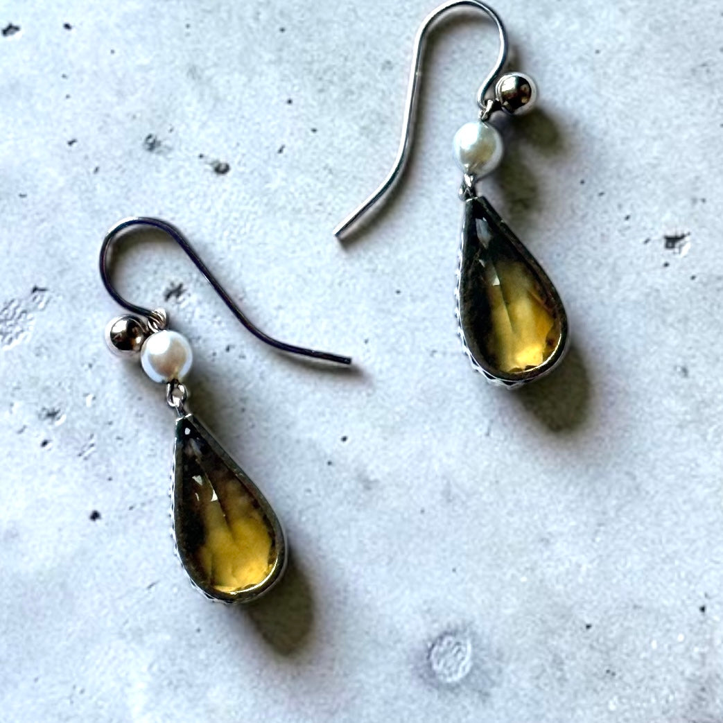 Gorgeous Citrine & Pearl Drop 9k Gold Earrings