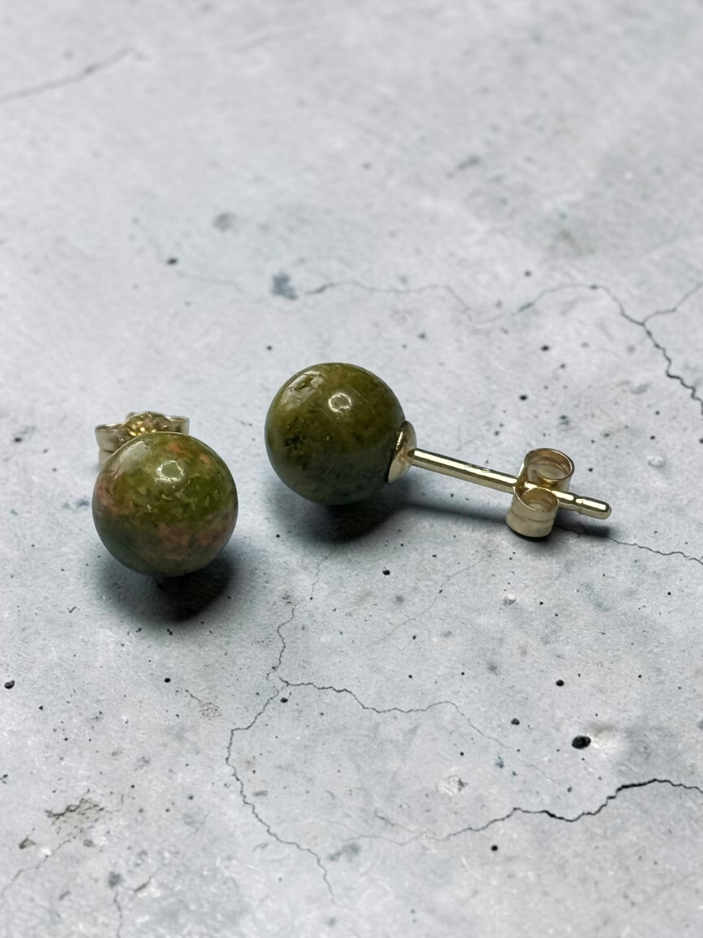 Unusual 5mm Unakite Globe 9k Gold Earrings