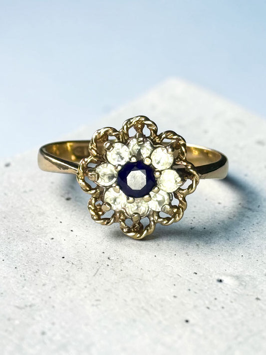 Vintage 1973 Blue Sapphire & White Topaz Floral Gold Ring