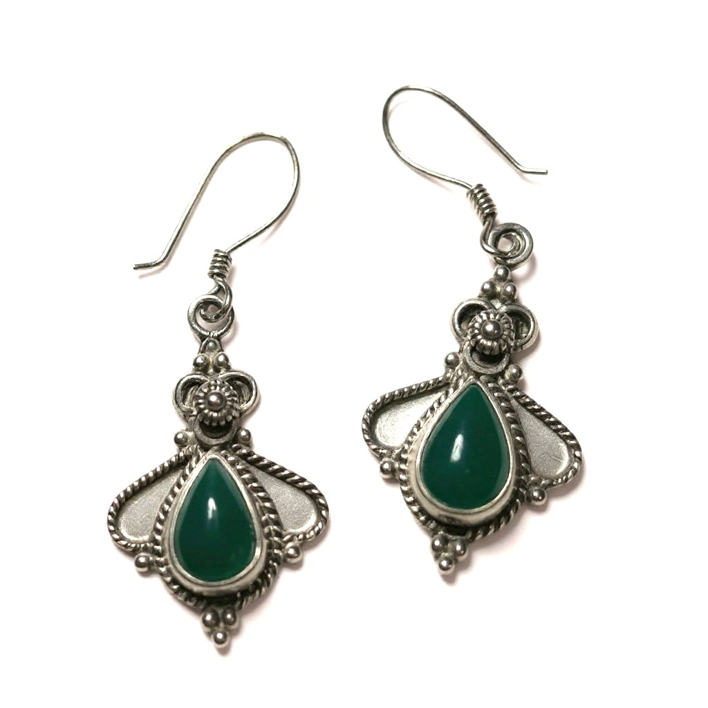 Vintage Chrysoprase Cabochon Silver Dangle Earrings