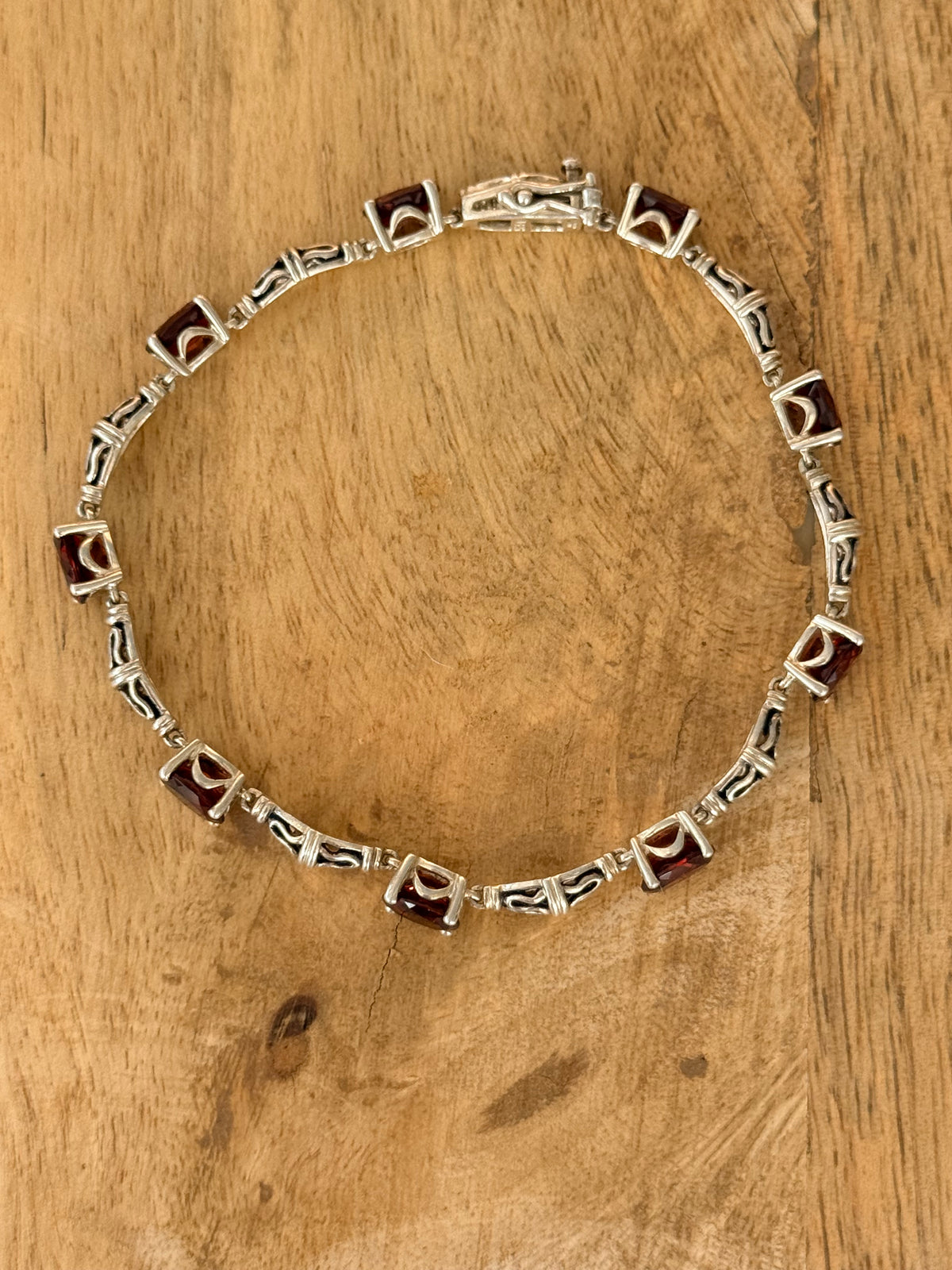 Millennial Tennis Style  925 Silver 5.5ct Garnet Bracelet Size 7 1/2" Hallmarked