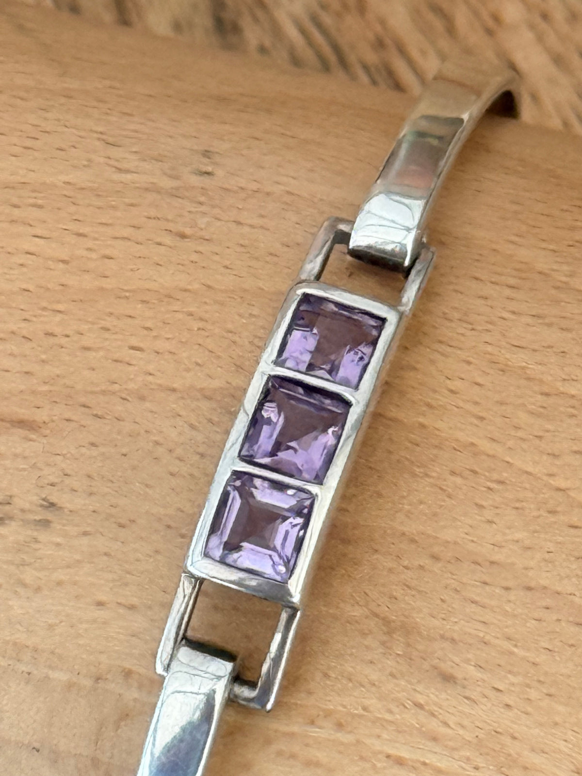 Quality Vintage Hallmarked Amethyst Hinged 925 Silver Bracelet 7" Kit Heath