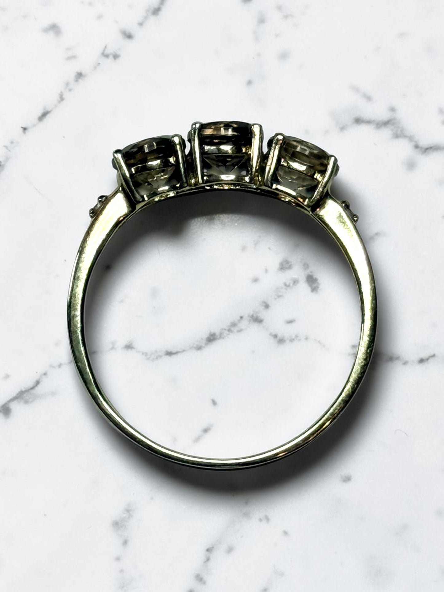 New Smokey Quartz Trilogy & Diamond 9k Gold Ring Size P