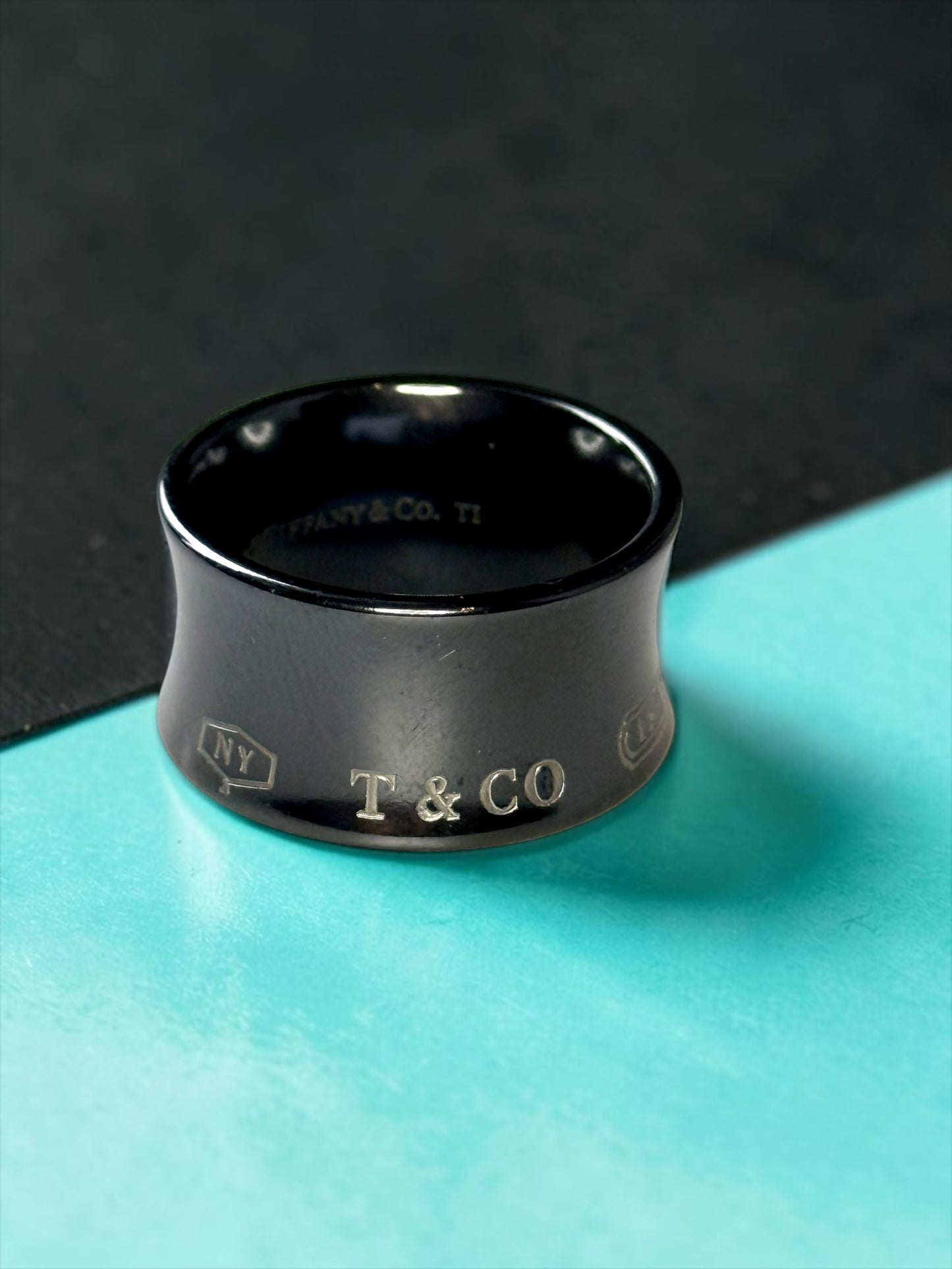 Tiffany & Co 1837 Black Rare Titanium Extra Wide Band Ring Size P (7.5)