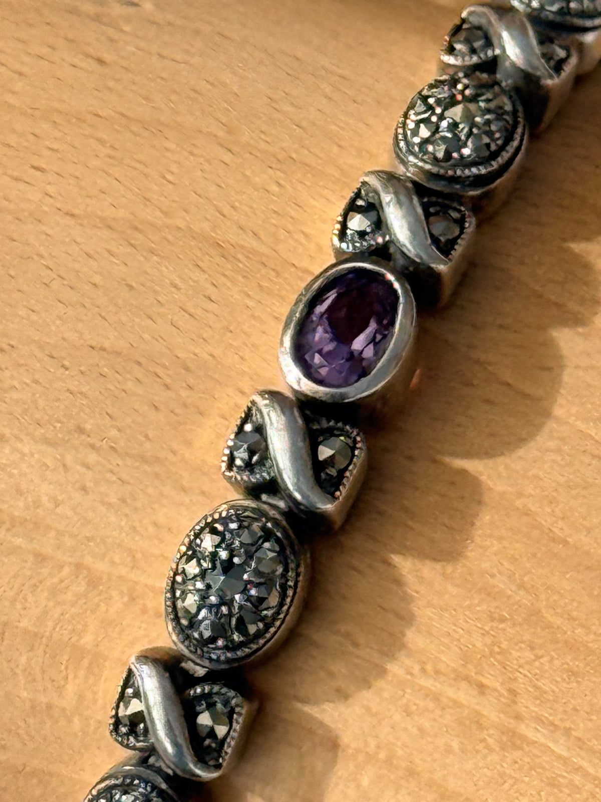 Very Sparkly Art Deco Style Amethyst Marcasite 925 Silver Bracelet 7 1/2"