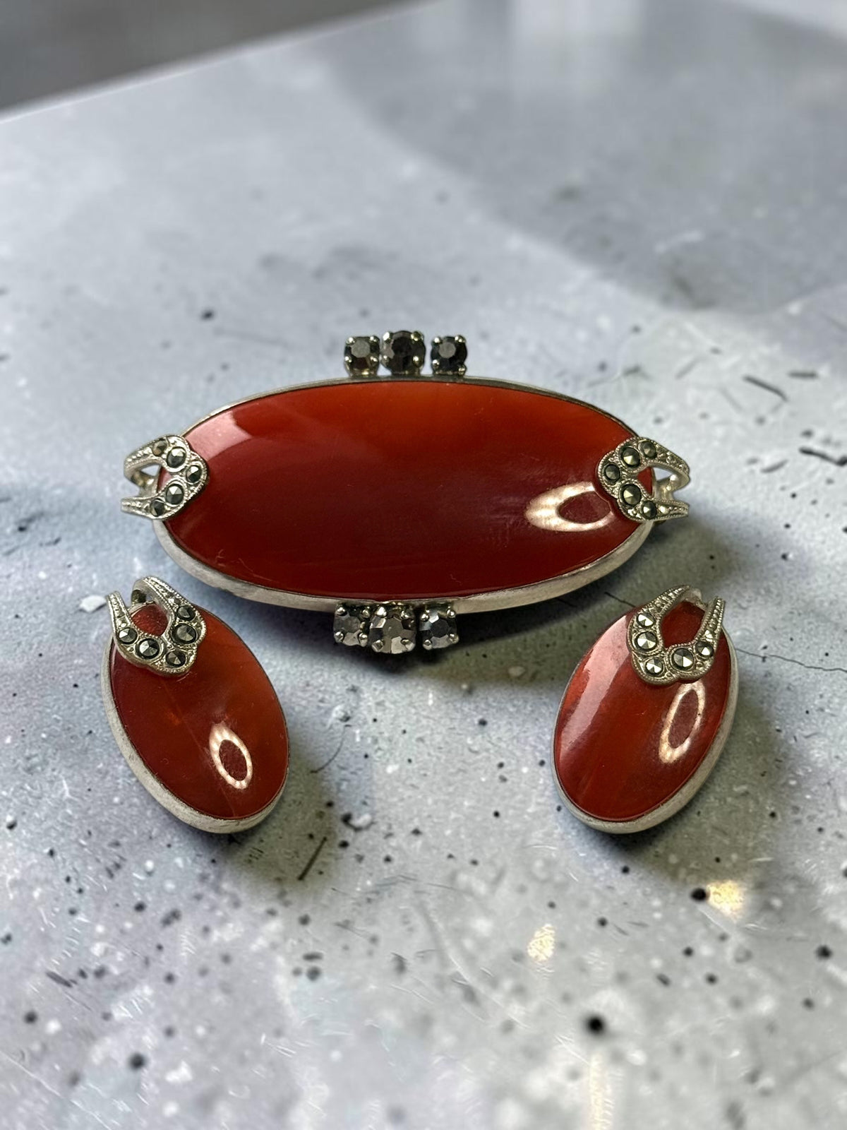 Mid Century Metal Carnelian & Marcasite Statement Brooch & Clip On Earrings