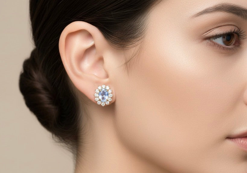 Stunning Tanzanite & Diamond Halo 18ct Gold Earrings