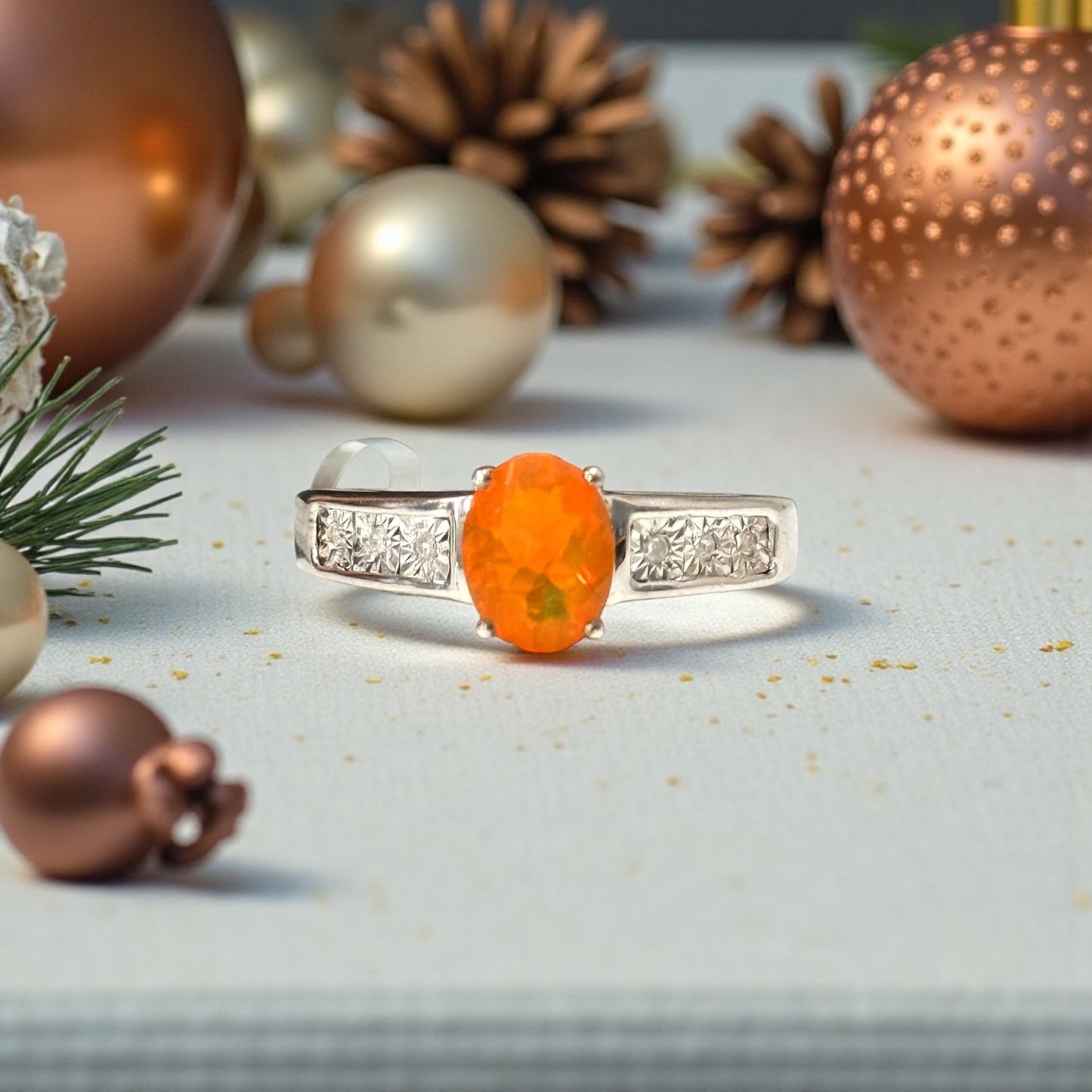 New Fire Opal & Diamond Silver Ring Size P 1/2 CSC