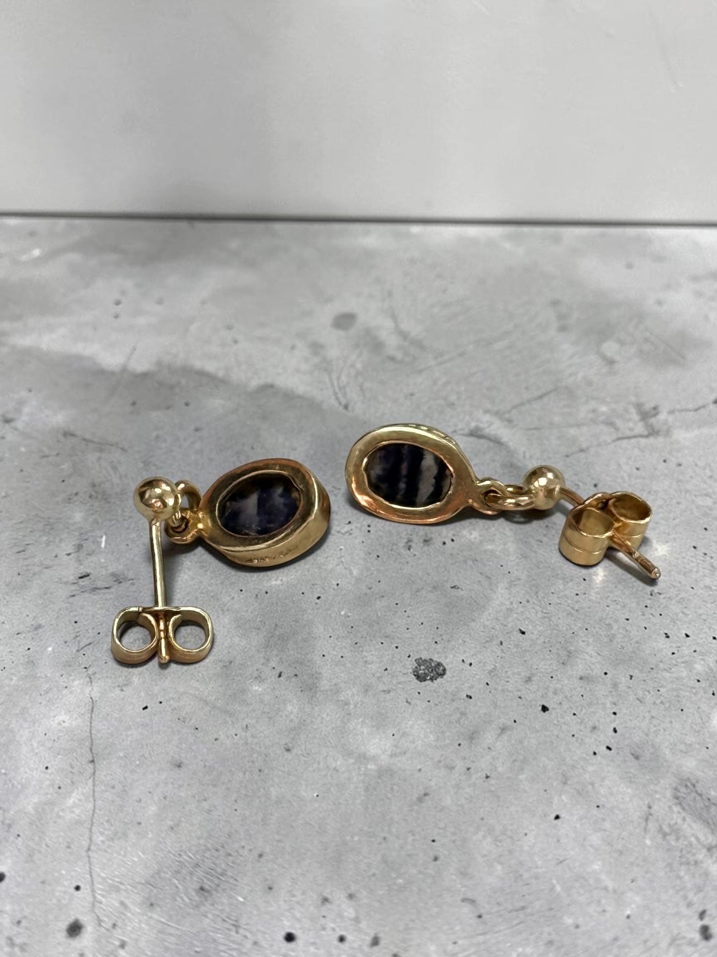 Pretty Vintage Blue John 9K Gold Dangle Earrings Hallmarked