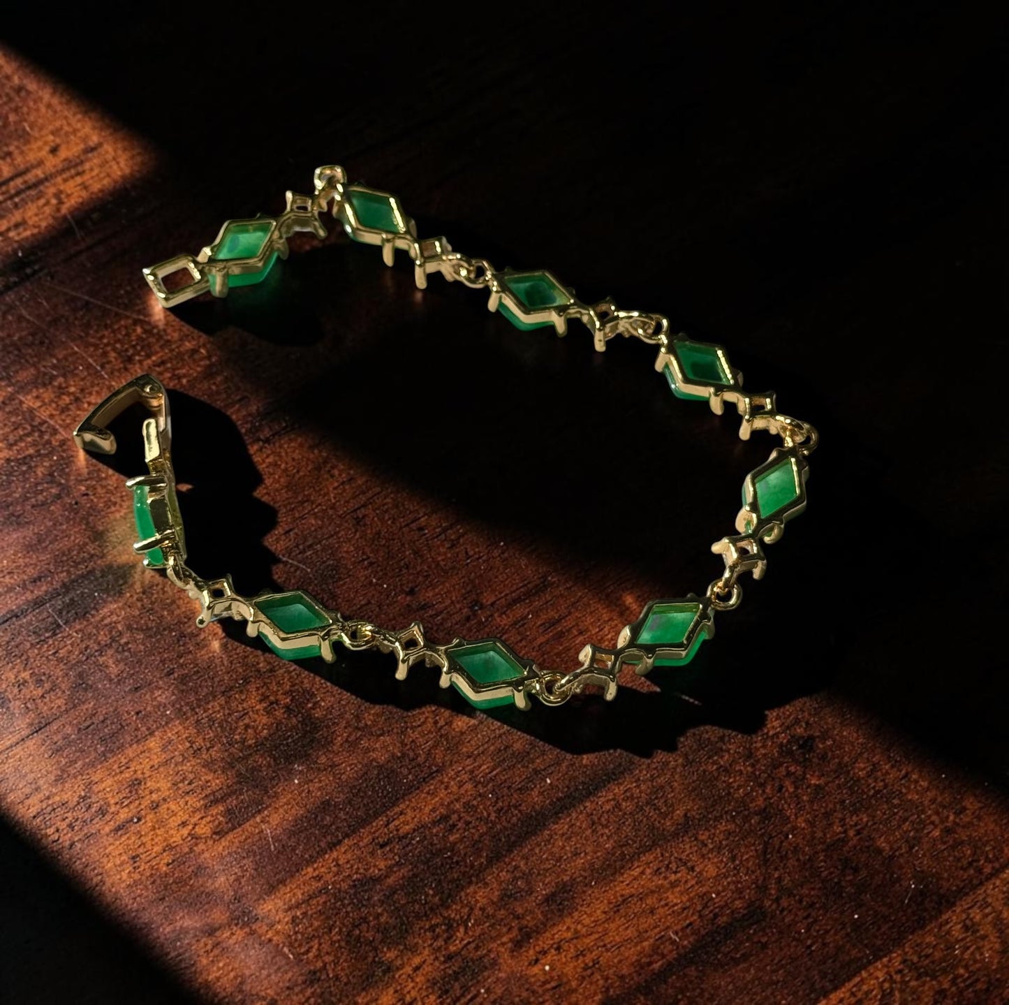 Green Jadeite & CZ Link GP Bracelet 7"