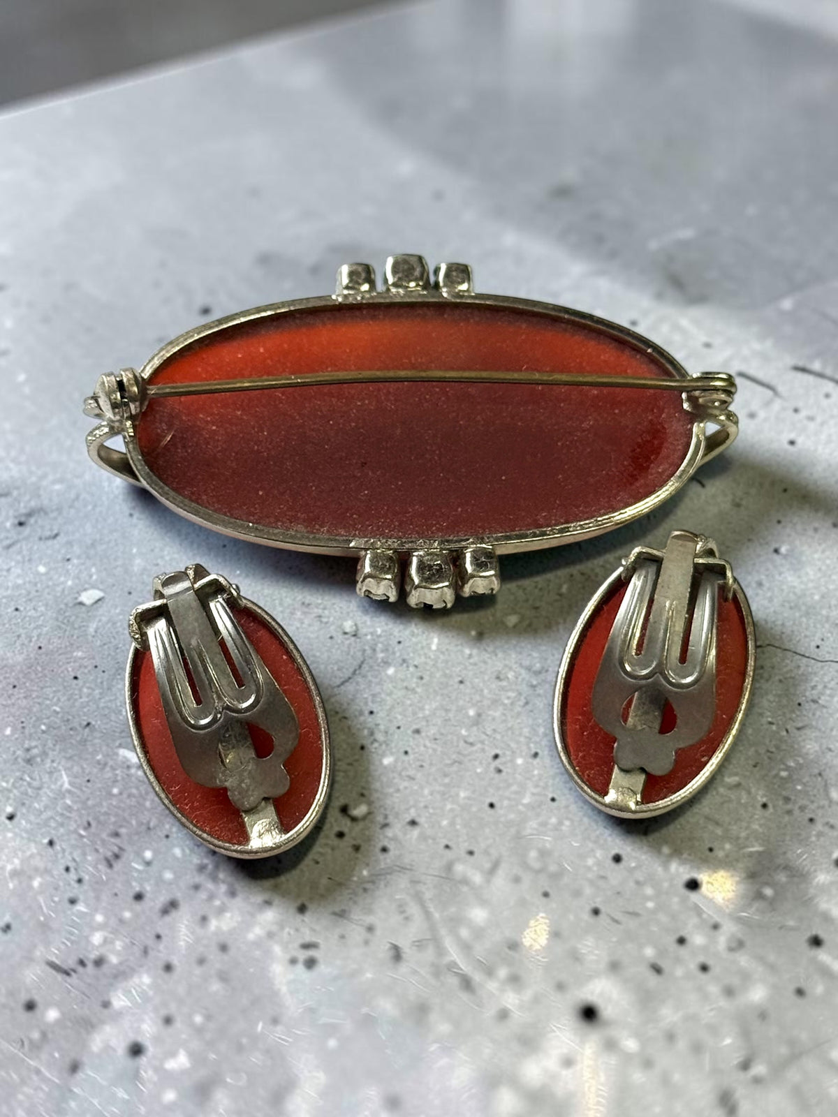 Mid Century Metal Carnelian & Marcasite Statement Brooch & Clip On Earrings