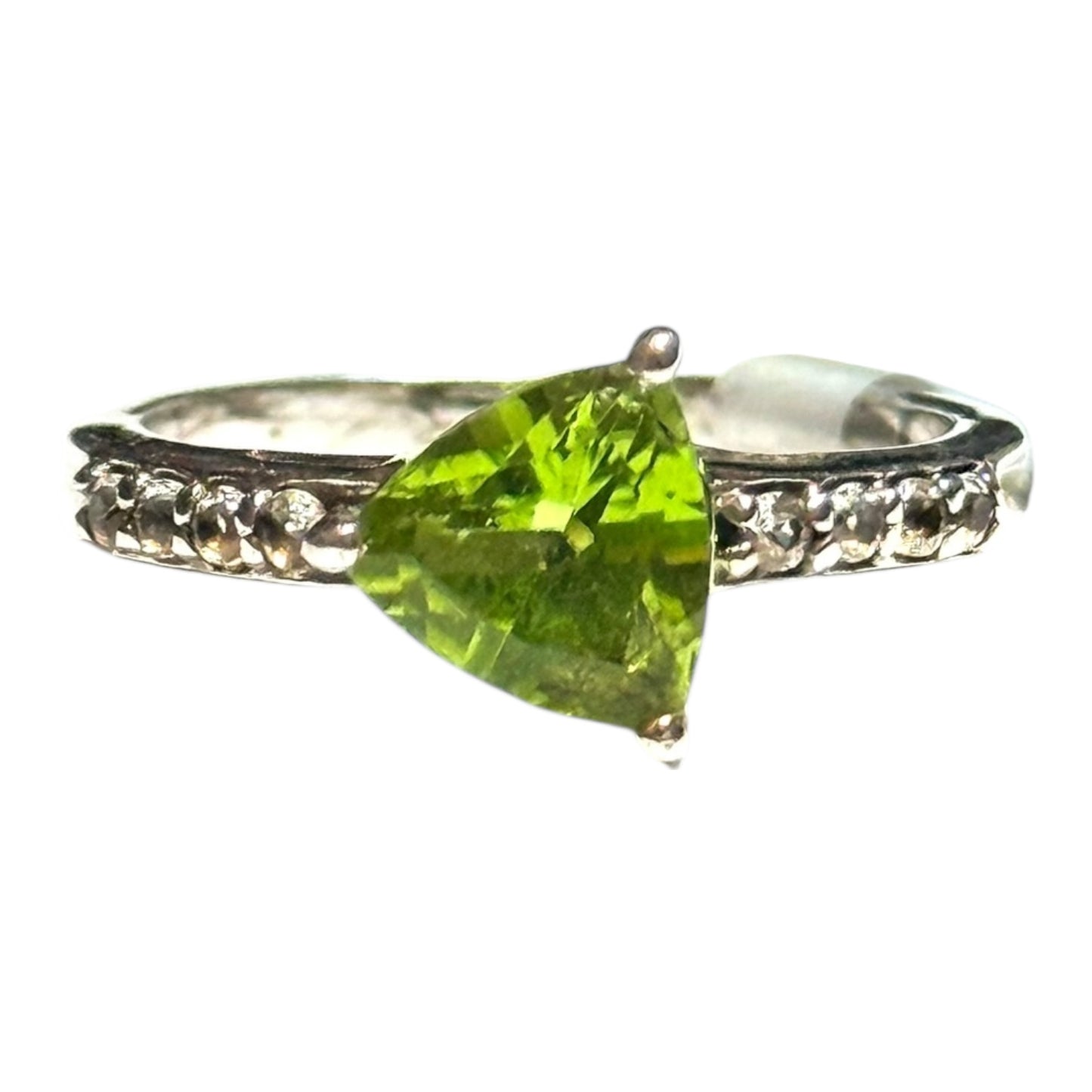 New Offset Peridot Trillion & Zircon Silver Ring Size L CSC