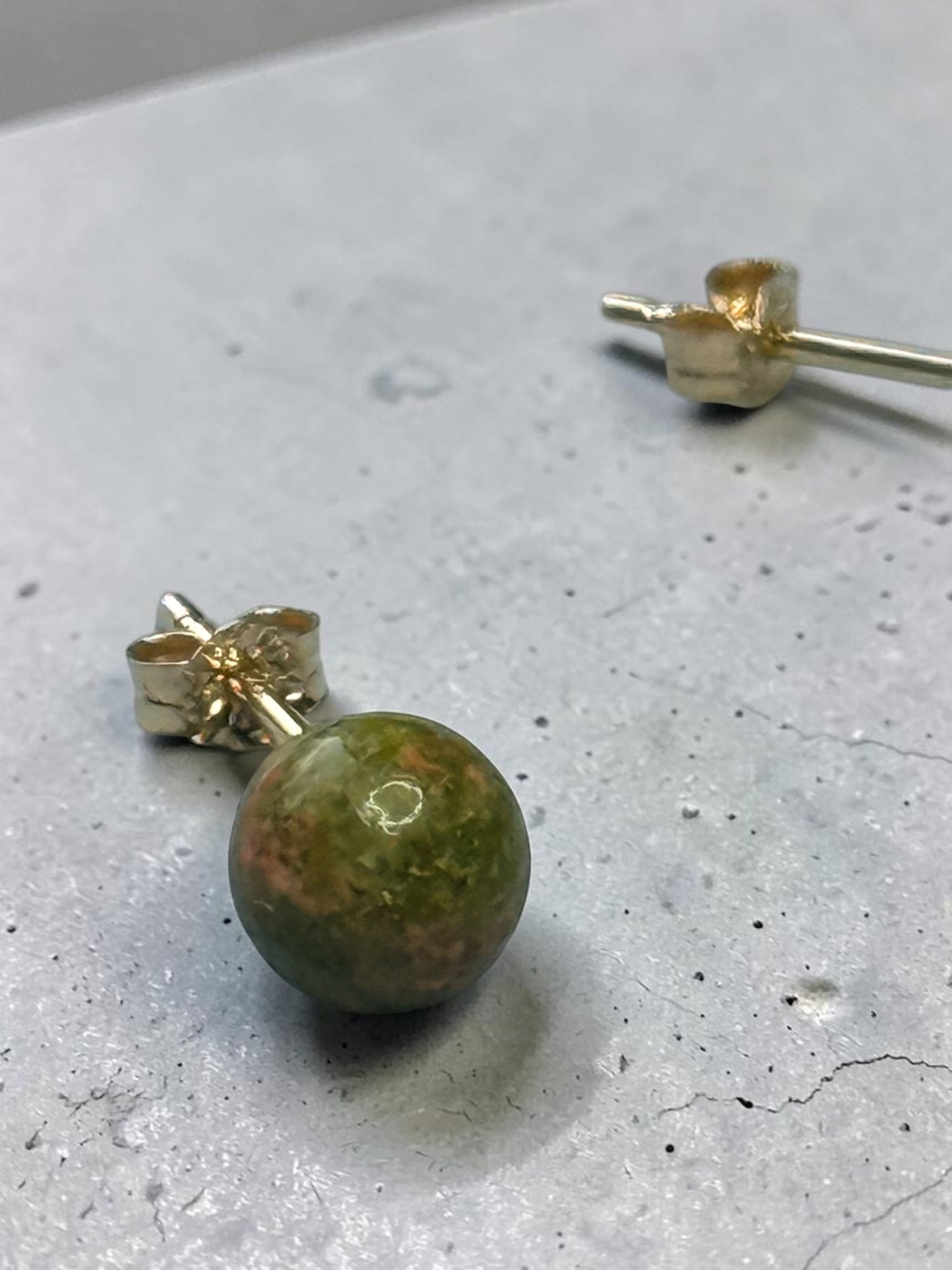 Unusual 5mm Unakite Globe 9k Gold Earrings