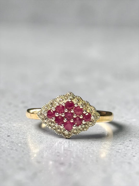Ruby & Diamond 9k Gold Cocktail Ring Size P 1/2