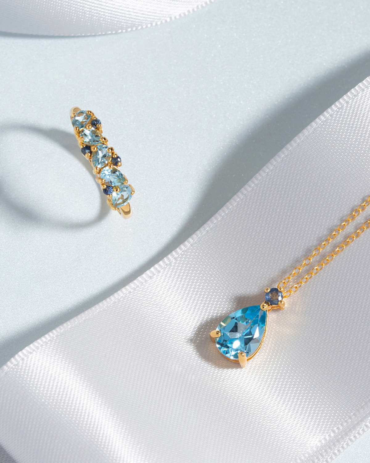 Blue Sapphire & Blue Topaz Pear Cut Half Eternity Band in 18k Gold Vermeil