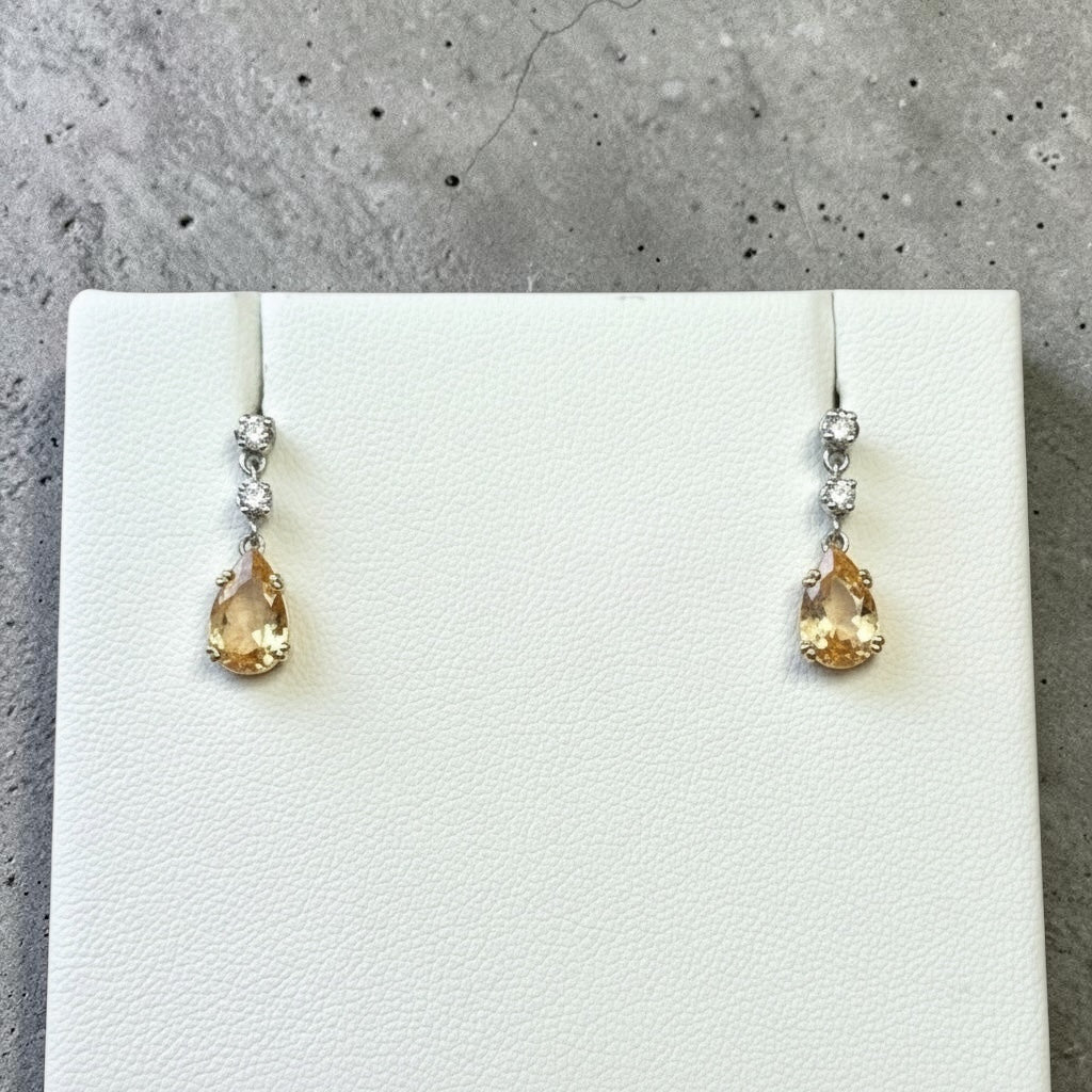 Stunning Vintage Imperial/Sherry Topaz & Diamond Drop Earrings 9ct Gold
