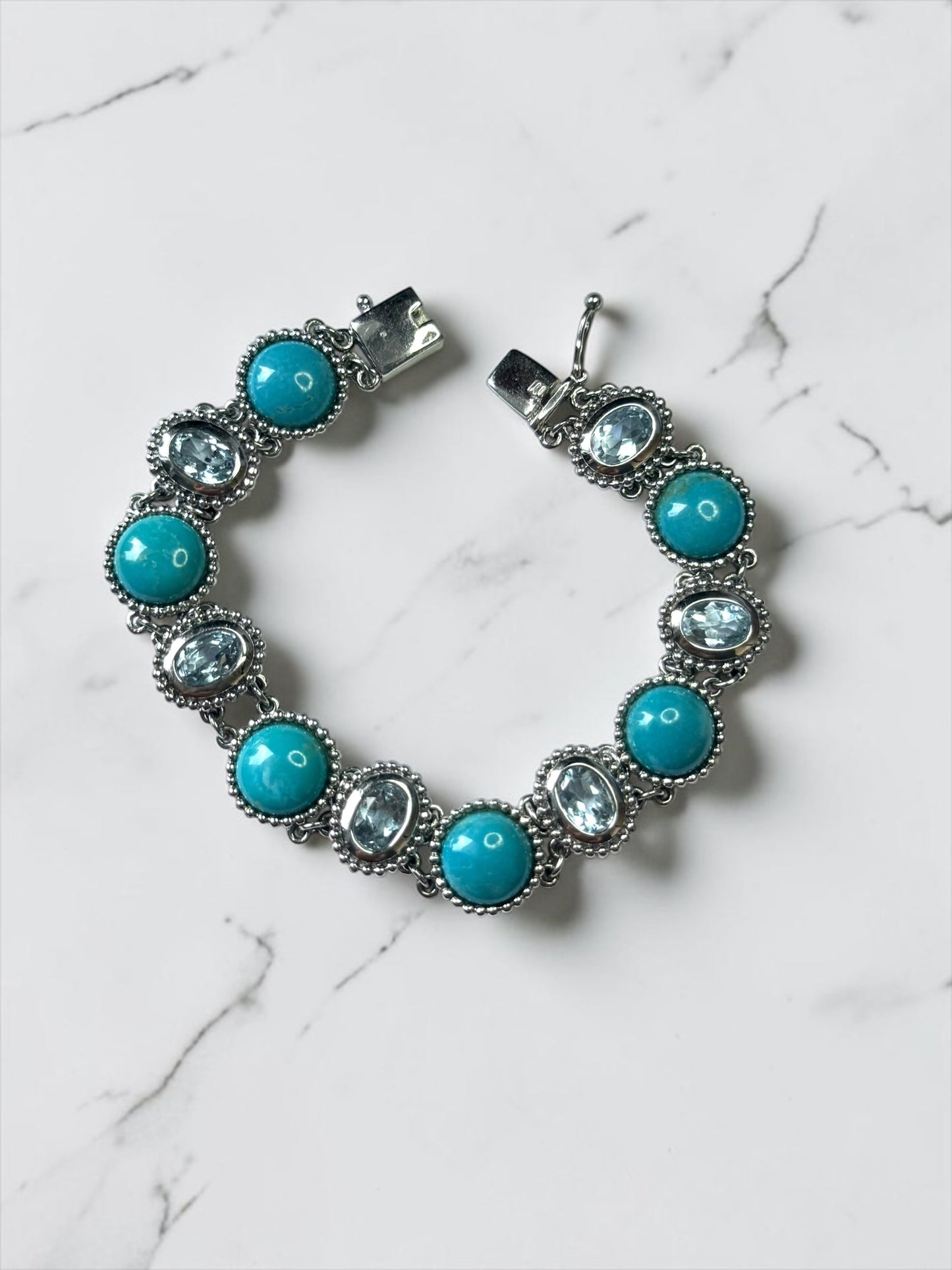 Stunning Hallmarked Vintage Turquoise & Blue Topaz Panel Bracelet Silver 925 7"